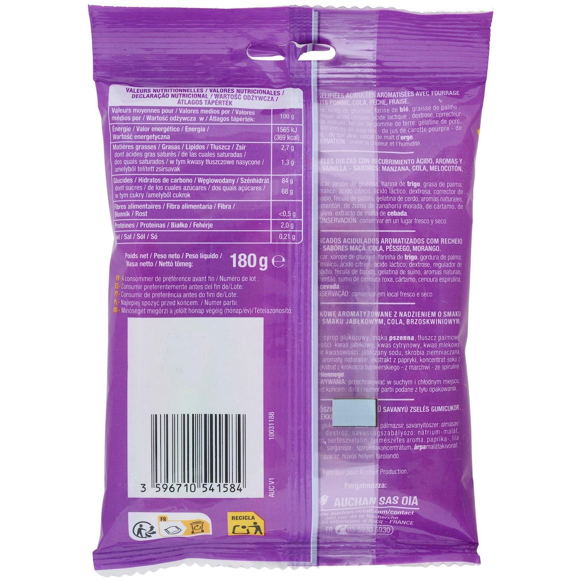 AUCHAN Bonbons gélifiés acidifiés aromatisées 180g