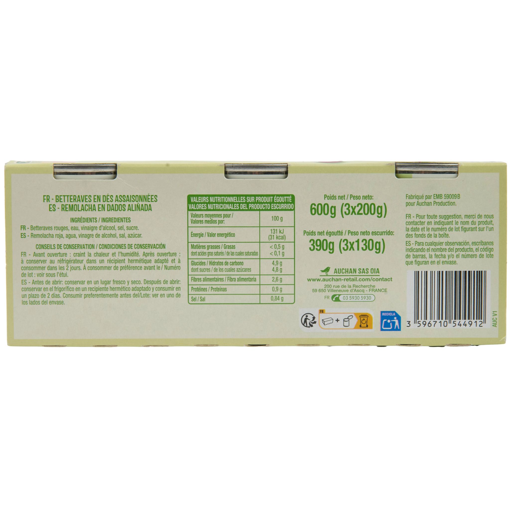 Voir la diapositive 2 : AUCHAN Betteraves en dés 3x140g