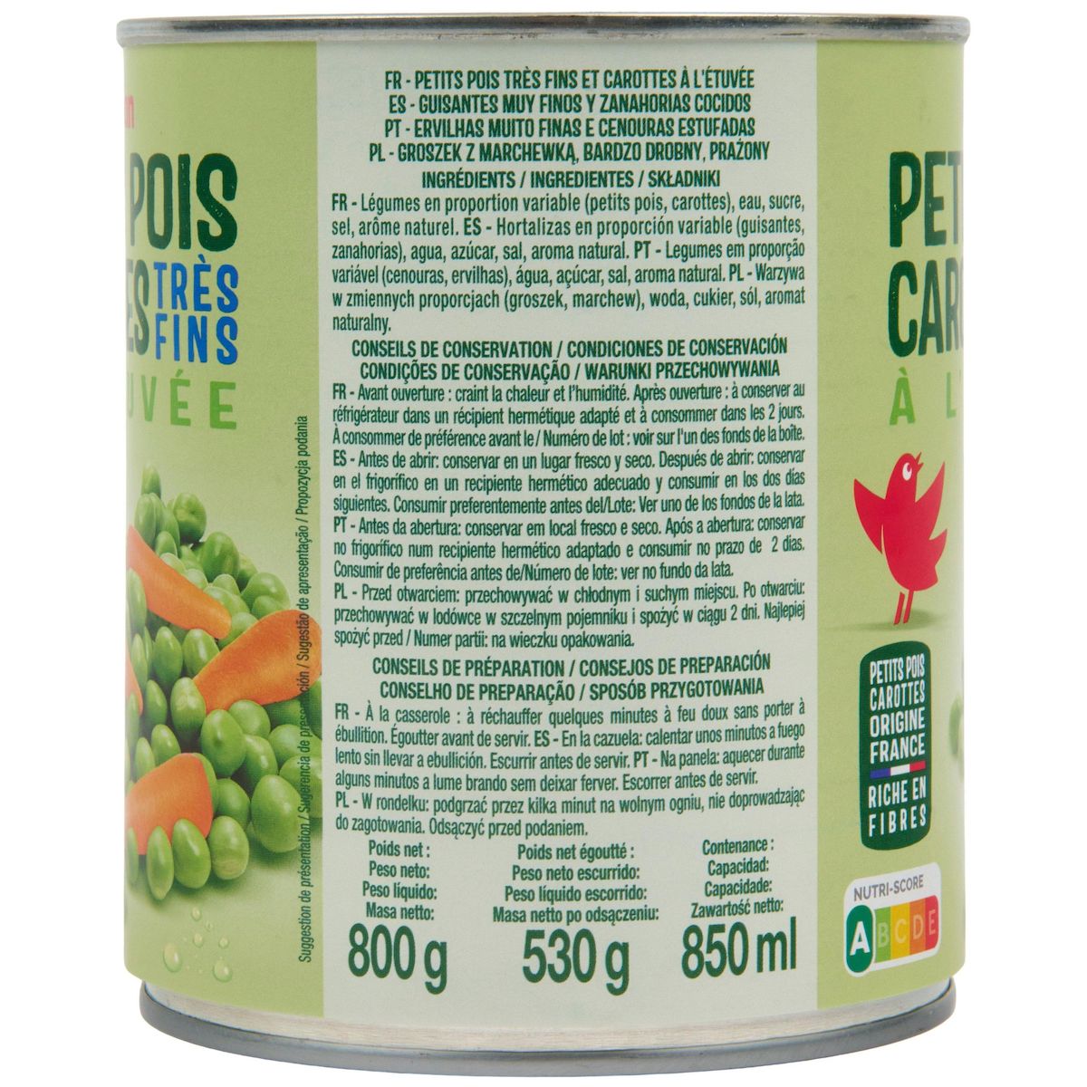 AUCHAN Petits pois carottes très fin à l'étuvée 530g
