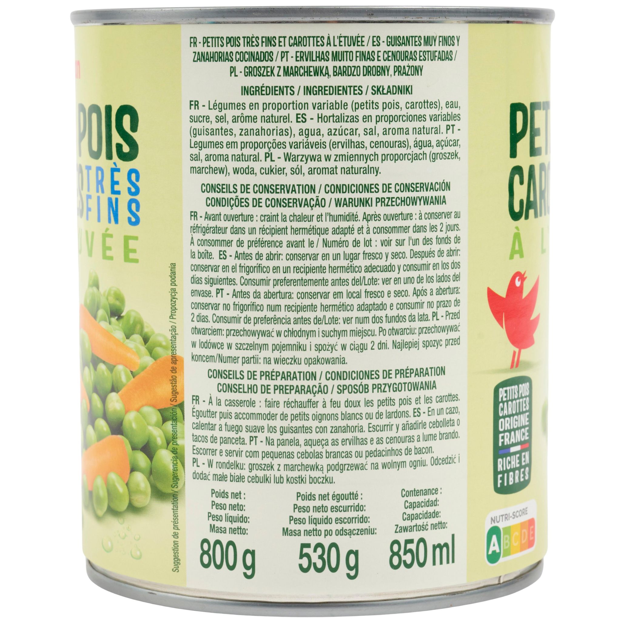 Voir la diapositive 3 : AUCHAN Petits pois carottes très fin à l'étuvée 530g