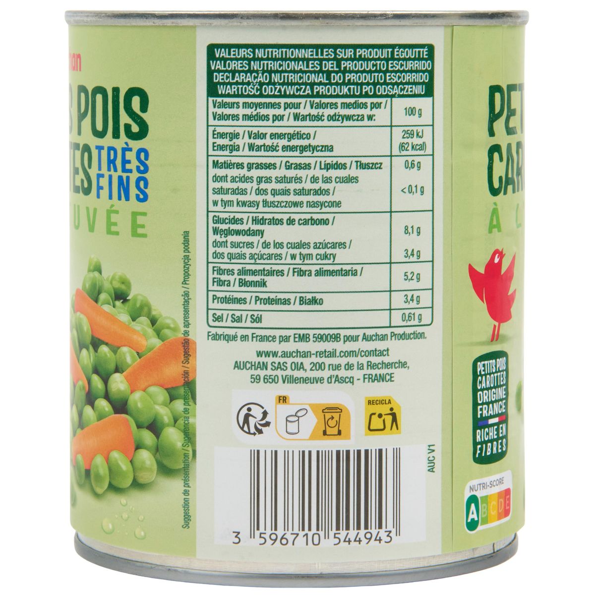 AUCHAN Petits pois carottes très fin à l'étuvée 530g