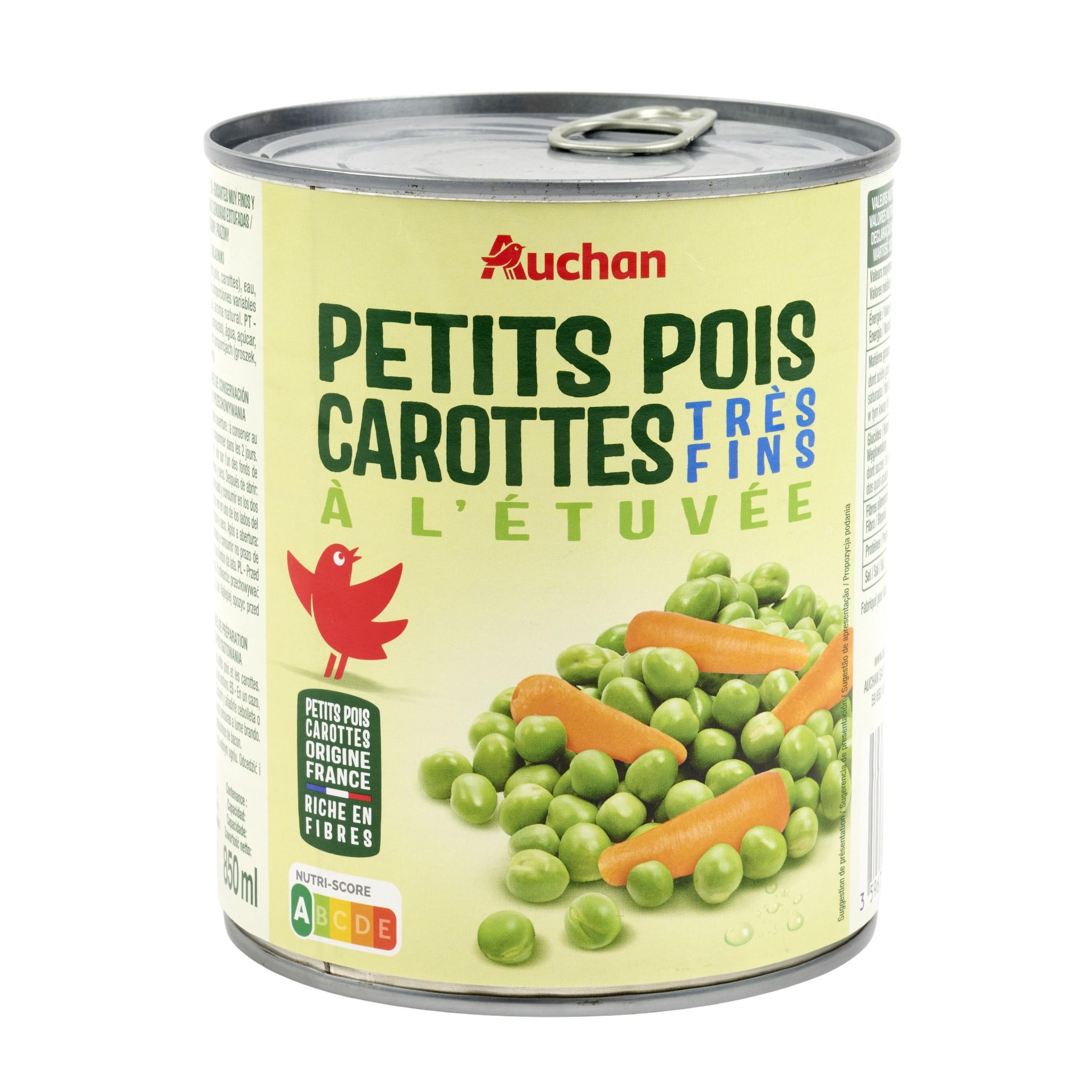 Voir la diapositive 4 : AUCHAN Petits pois carottes très fin à l'étuvée 530g