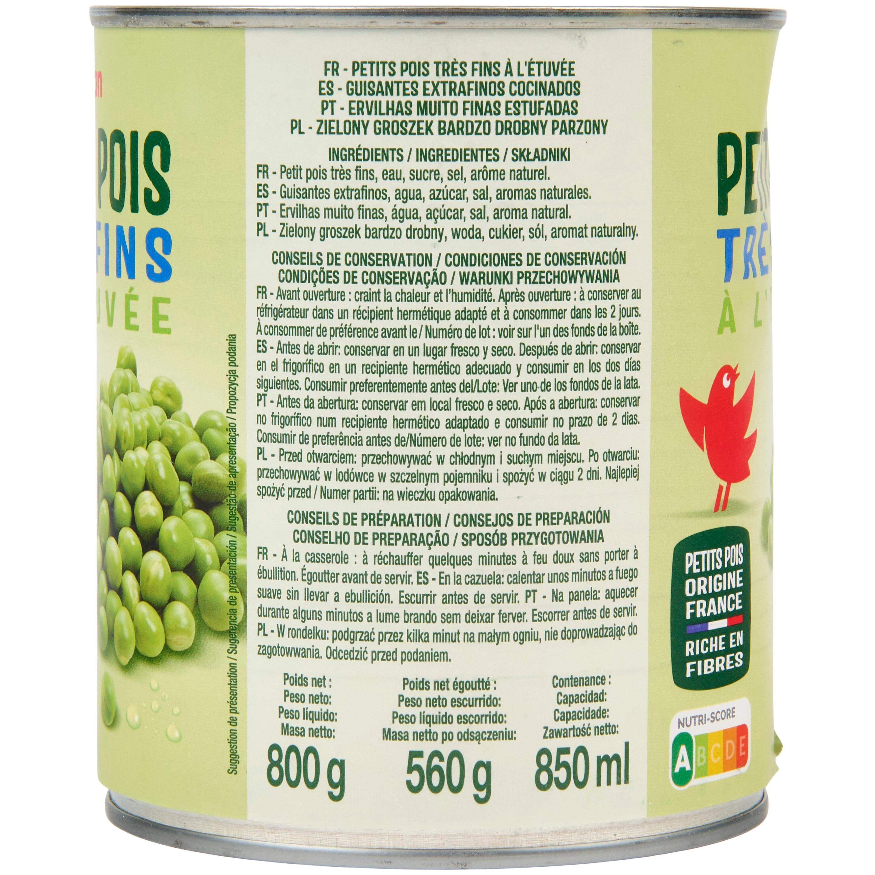 Voir la diapositive 2 : AUCHAN Petits poids très-fins à l'étuvée 560g