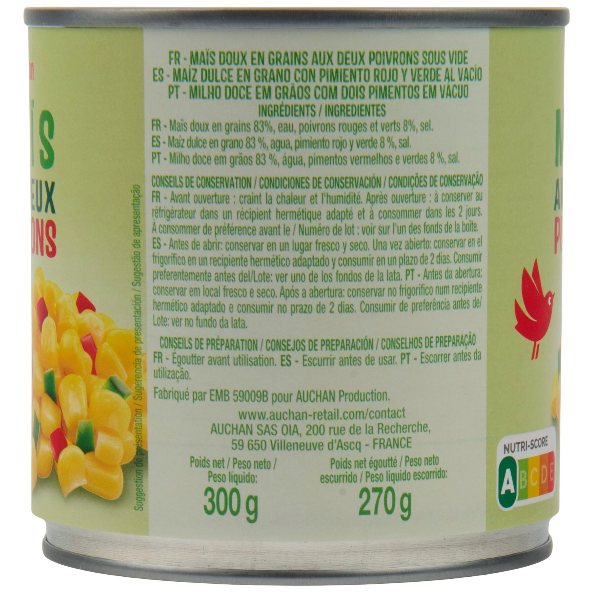 Voir la diapositive 2 : AUCHAN Maïs aux deux poivrons 270g