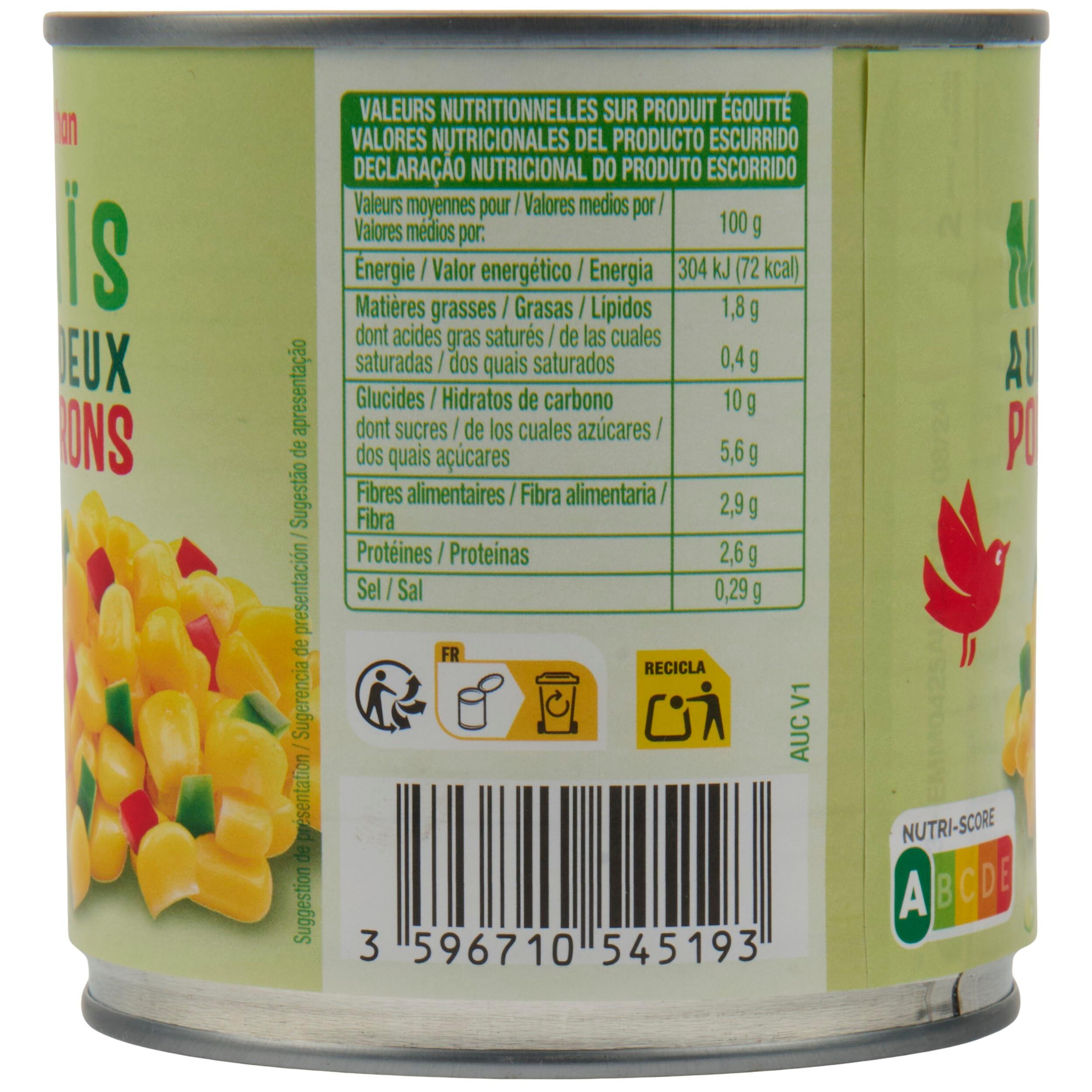 Voir la diapositive 4 : AUCHAN Maïs aux deux poivrons 270g
