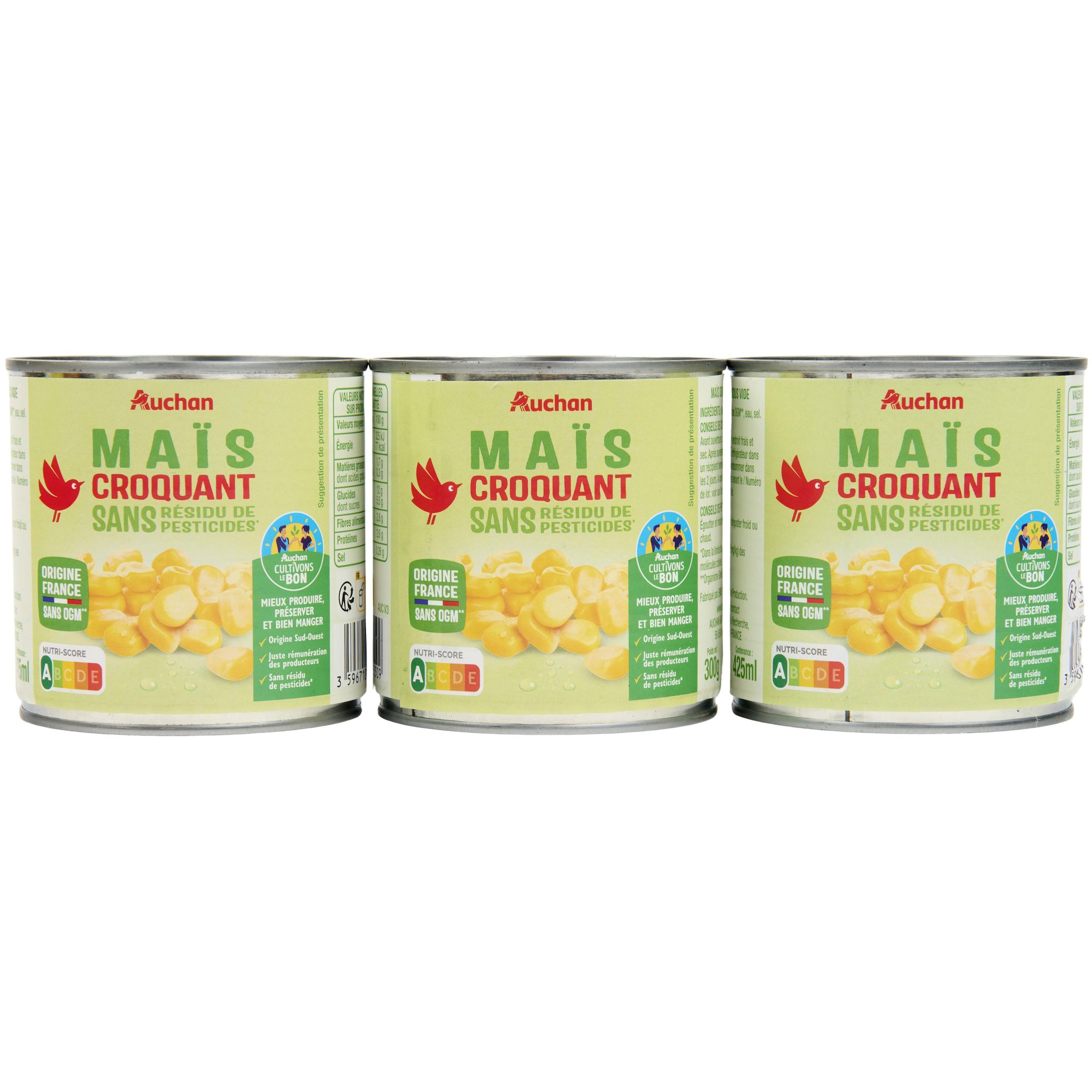 AUCHAN Maïs croquant sans résidu de pesticides 3x285g