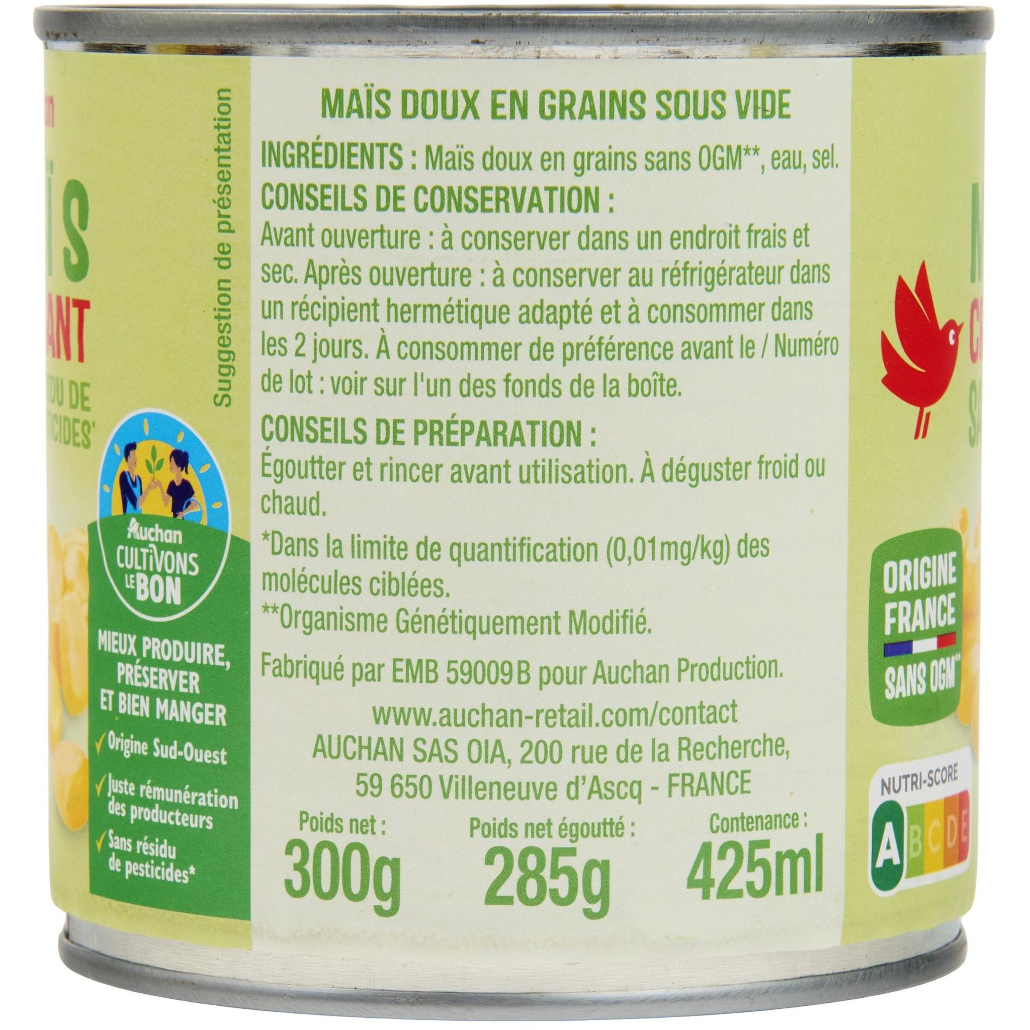 Voir la diapositive 2 : AUCHAN Maïs croquant sans résidu de pesticides 3x285g