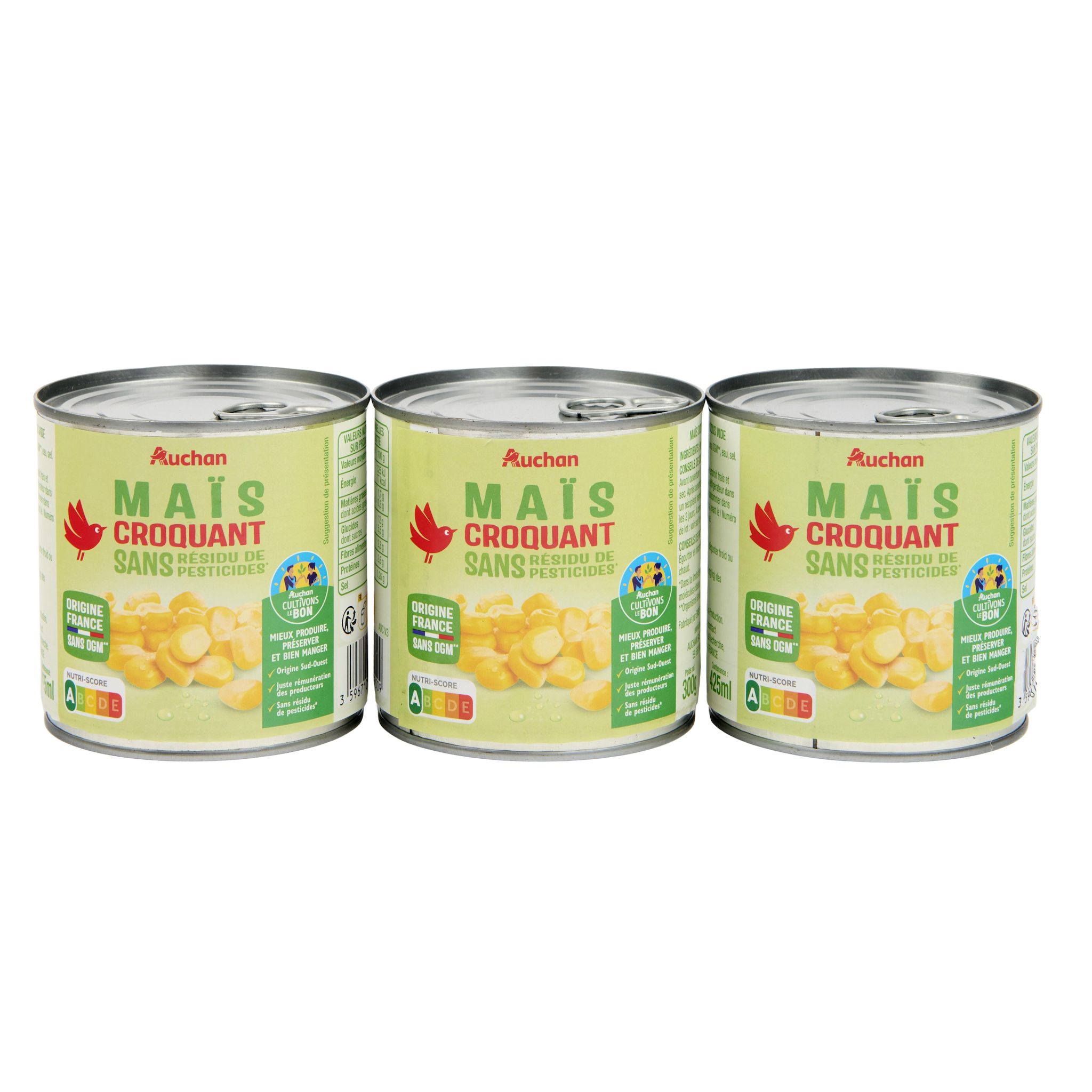 Voir la diapositive 4 : AUCHAN Maïs croquant sans résidu de pesticides 3x285g