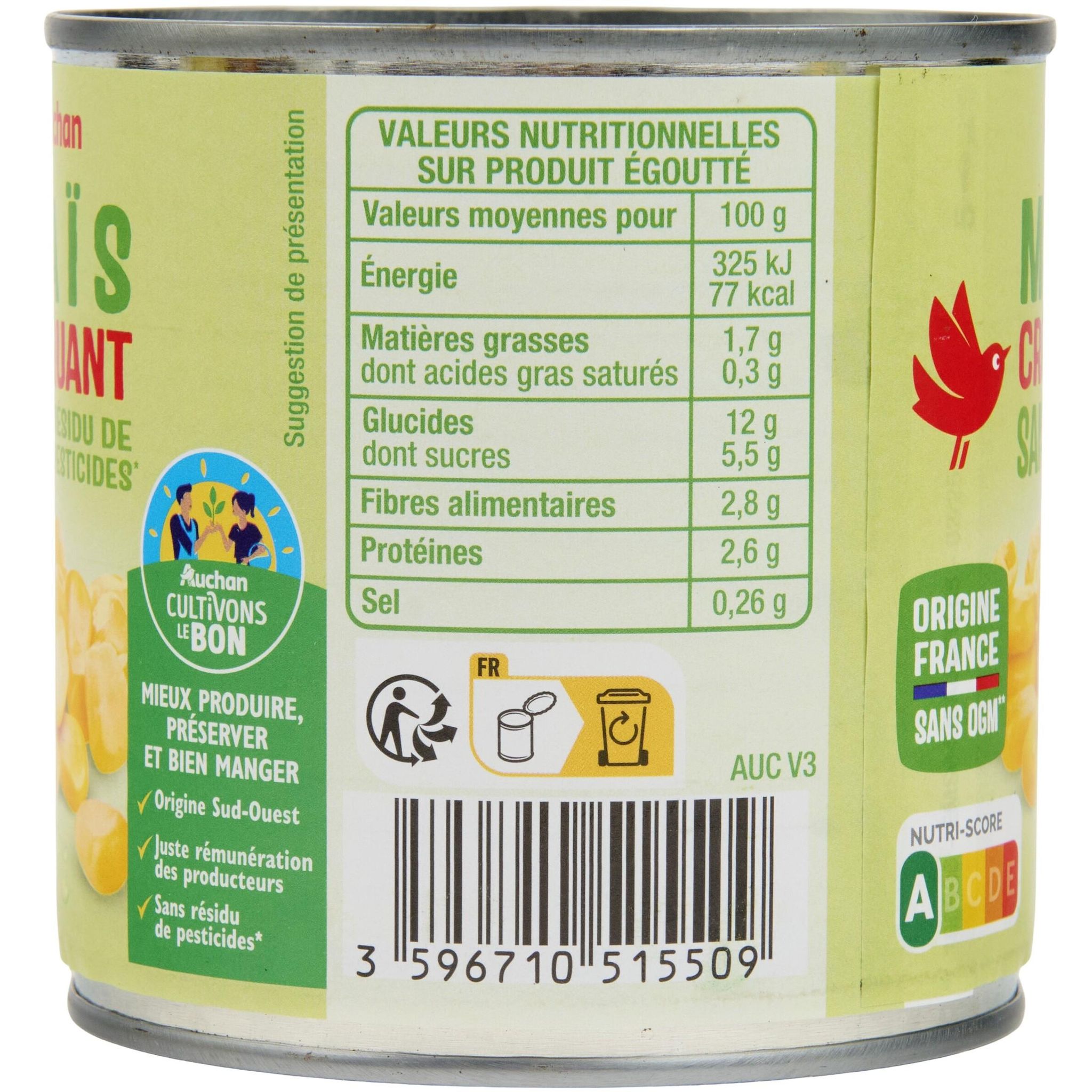 Voir la diapositive 5 : AUCHAN Maïs croquant sans résidu de pesticides 3x285g