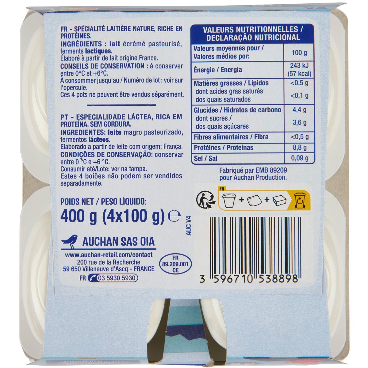 AUCHAN Skyr nature 0% MG 4x100g