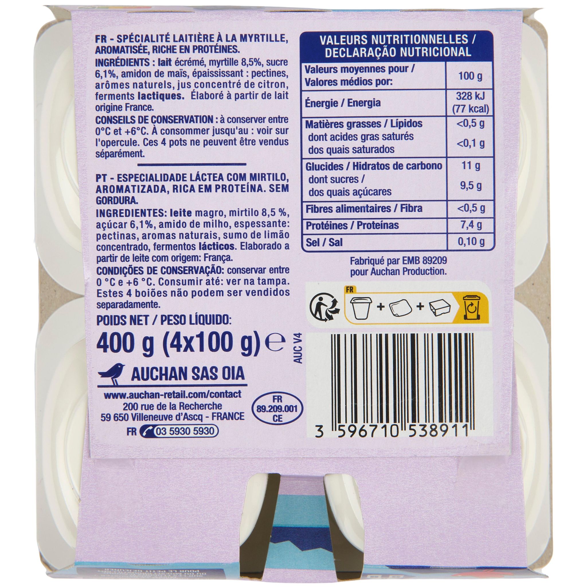 Voir la diapositive 3 : AUCHAN Skyr à la myrtille 0% MG 4x100g