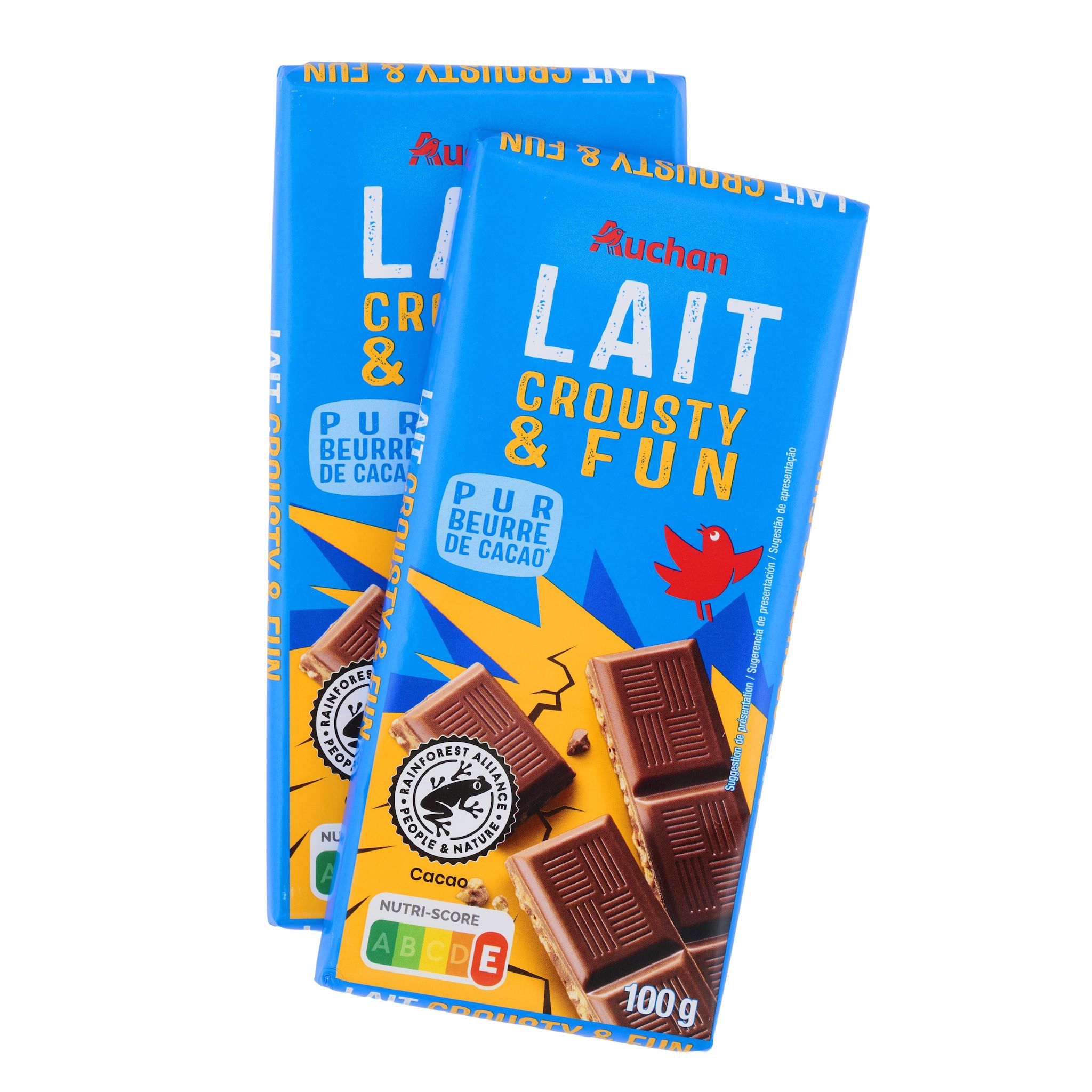 Voir la diapositive 2 : AUCHAN Crousty & Fun Tablette de chocolat au lait 1 pièce 100g