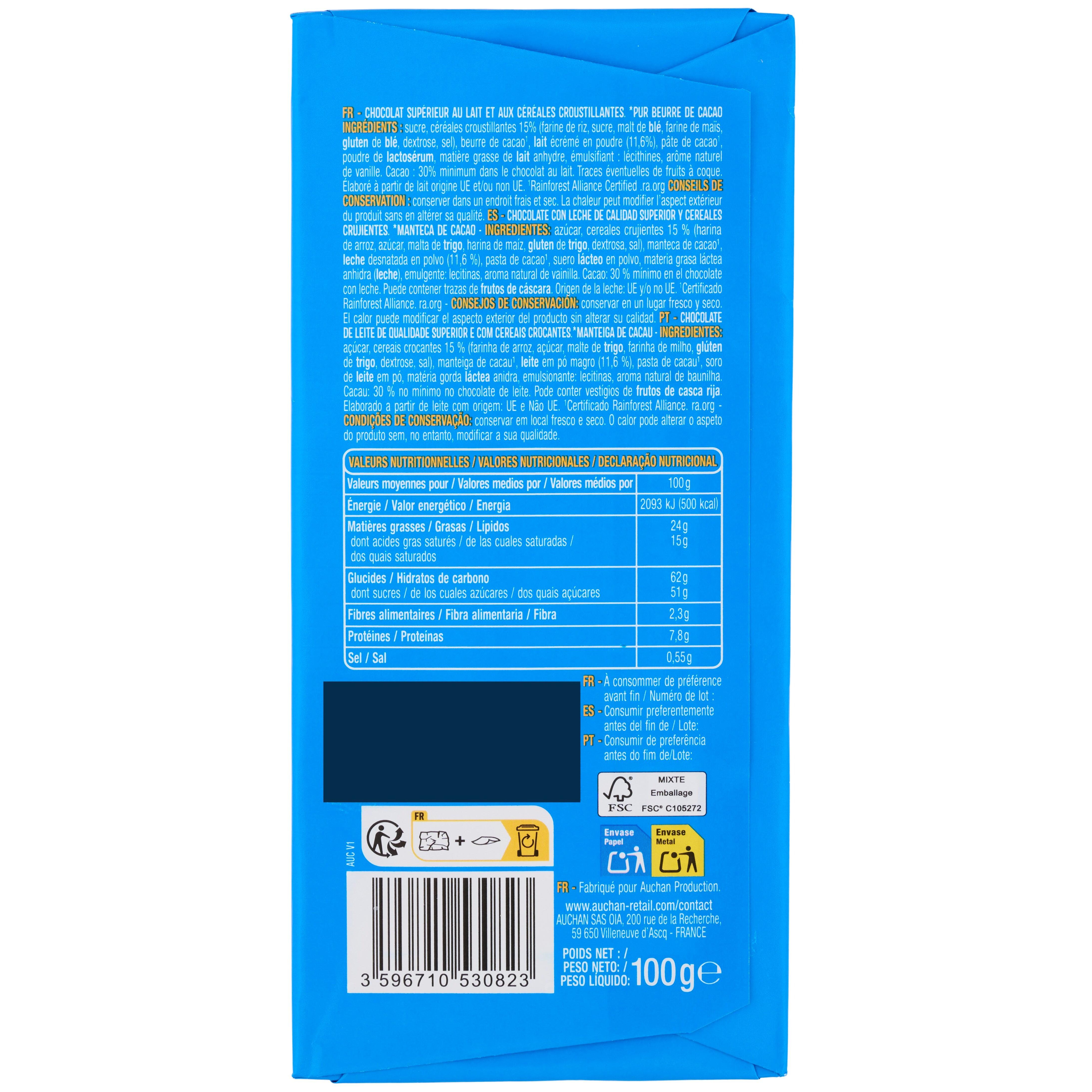 Voir la diapositive 3 : AUCHAN Crousty & Fun Tablette de chocolat au lait 1 pièce 100g