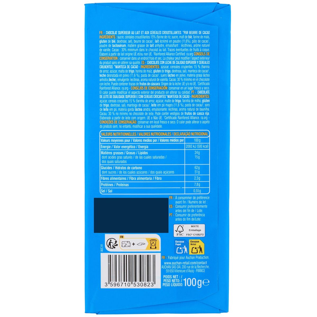 AUCHAN Crousty & Fun Tablette de chocolat au lait 1 pièce 100g