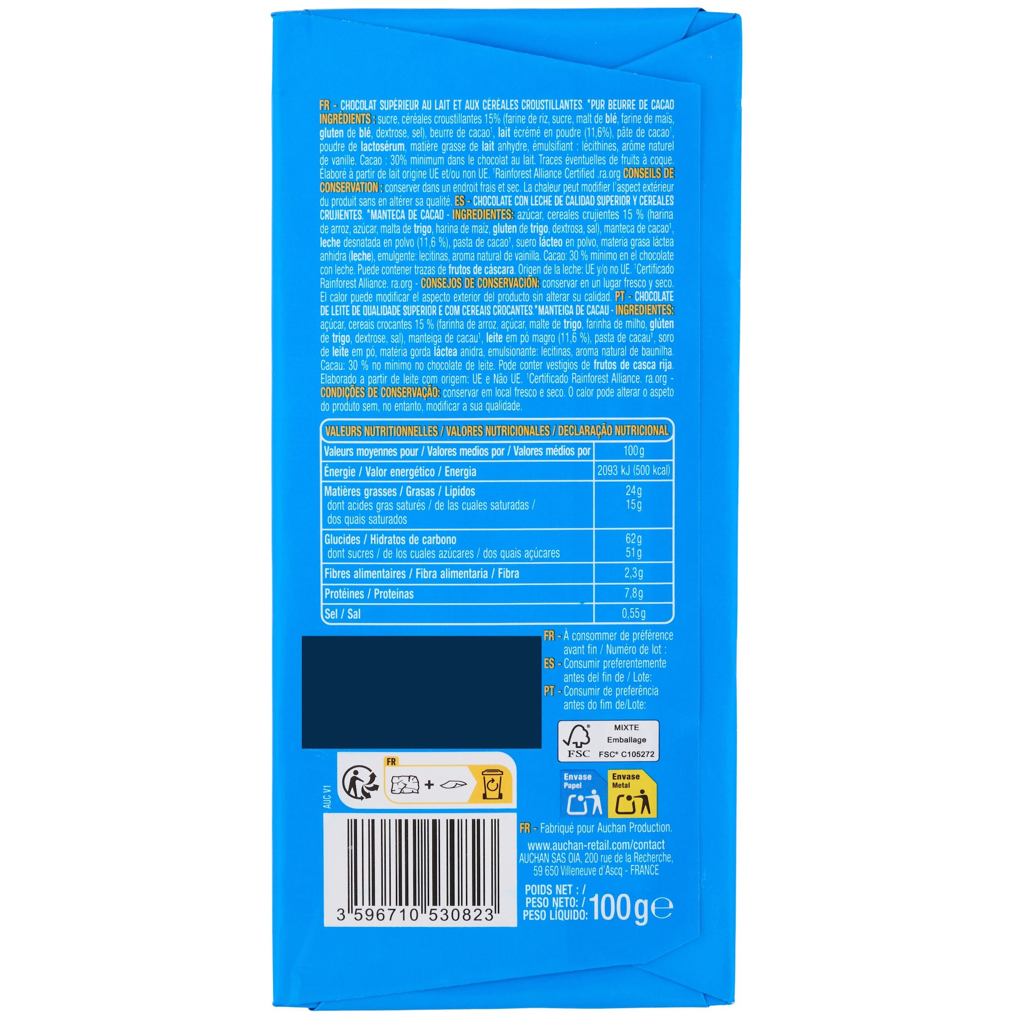 Voir la diapositive 3 : AUCHAN Crousty & Fun Tablette de chocolat au lait 1 pièce 100g