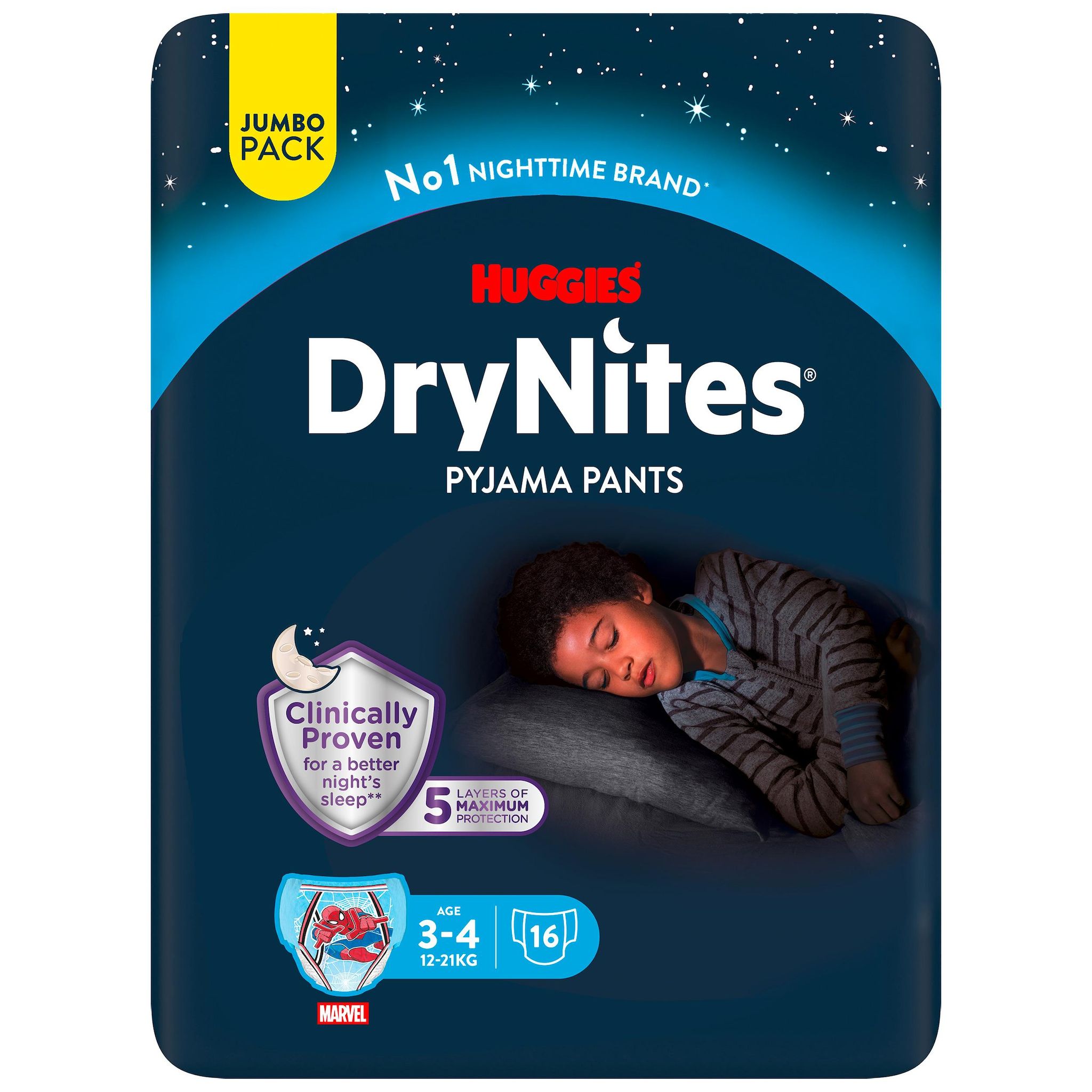 HUGGIES Drynites sous vêtements de nuit absorbants pour garçons 3-4 ans (12-21kg) 16 couches