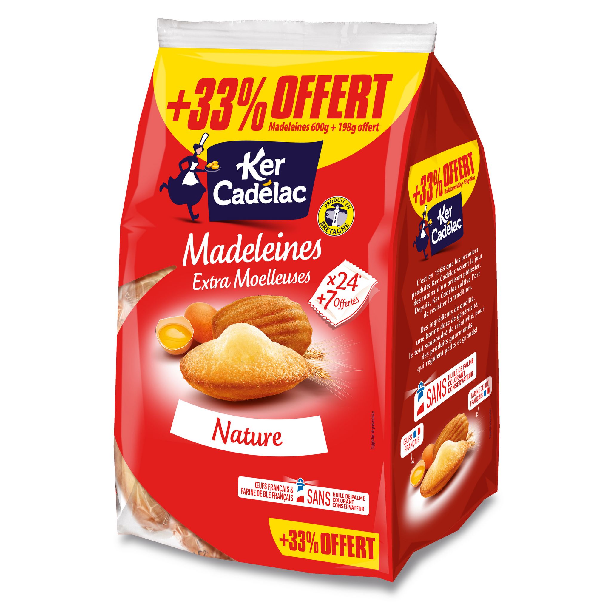 KER CADELAC Madeleines extra moelleuses nature sachets individuels 24 madeleines + 7 offerts 600g+198g offert