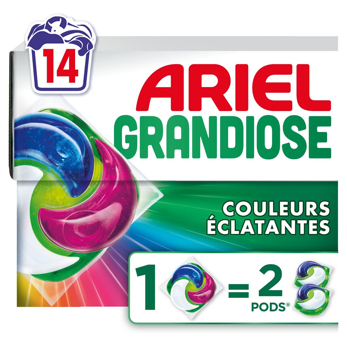 ARIEL Pods grandiose Lessive capsules éclatant 1 capsule = 2 14 capsules