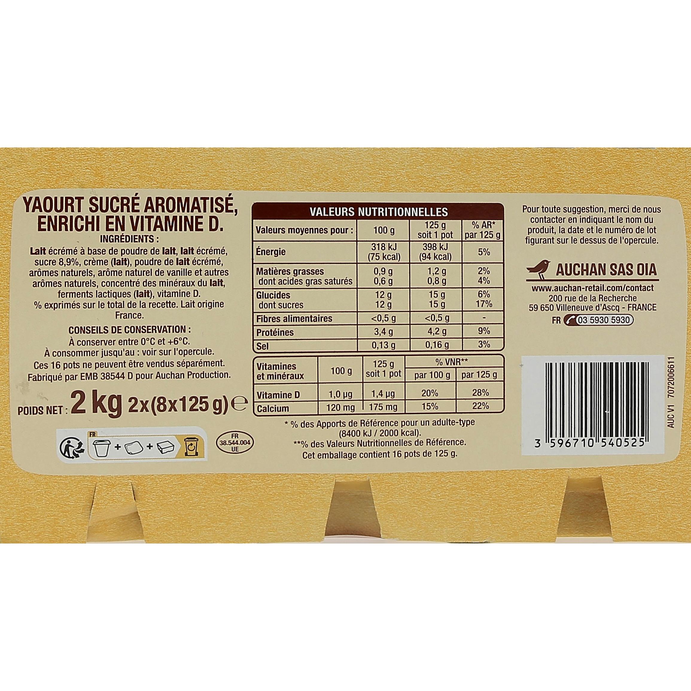 Voir la diapositive 2 : AUCHAN Les Aromatisés - Yaourt panaché vanille abricot banane fruits des bois fraise framboise 16x125g
