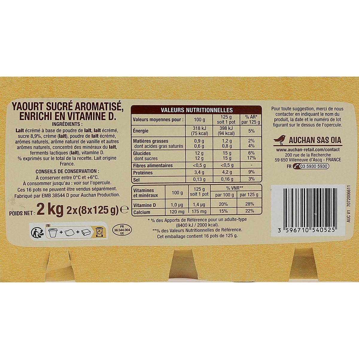 AUCHAN Les Aromatisés - Yaourt panaché vanille abricot banane fruits des bois fraise framboise 16x125g