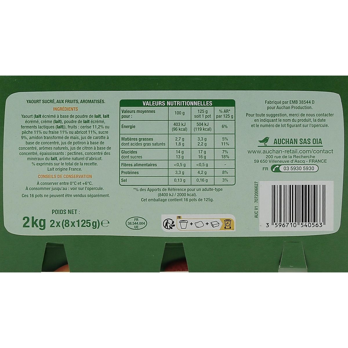 AUCHAN Yaourt aux fruits abricot pêche fraise cerise avec morceaux 16x125g