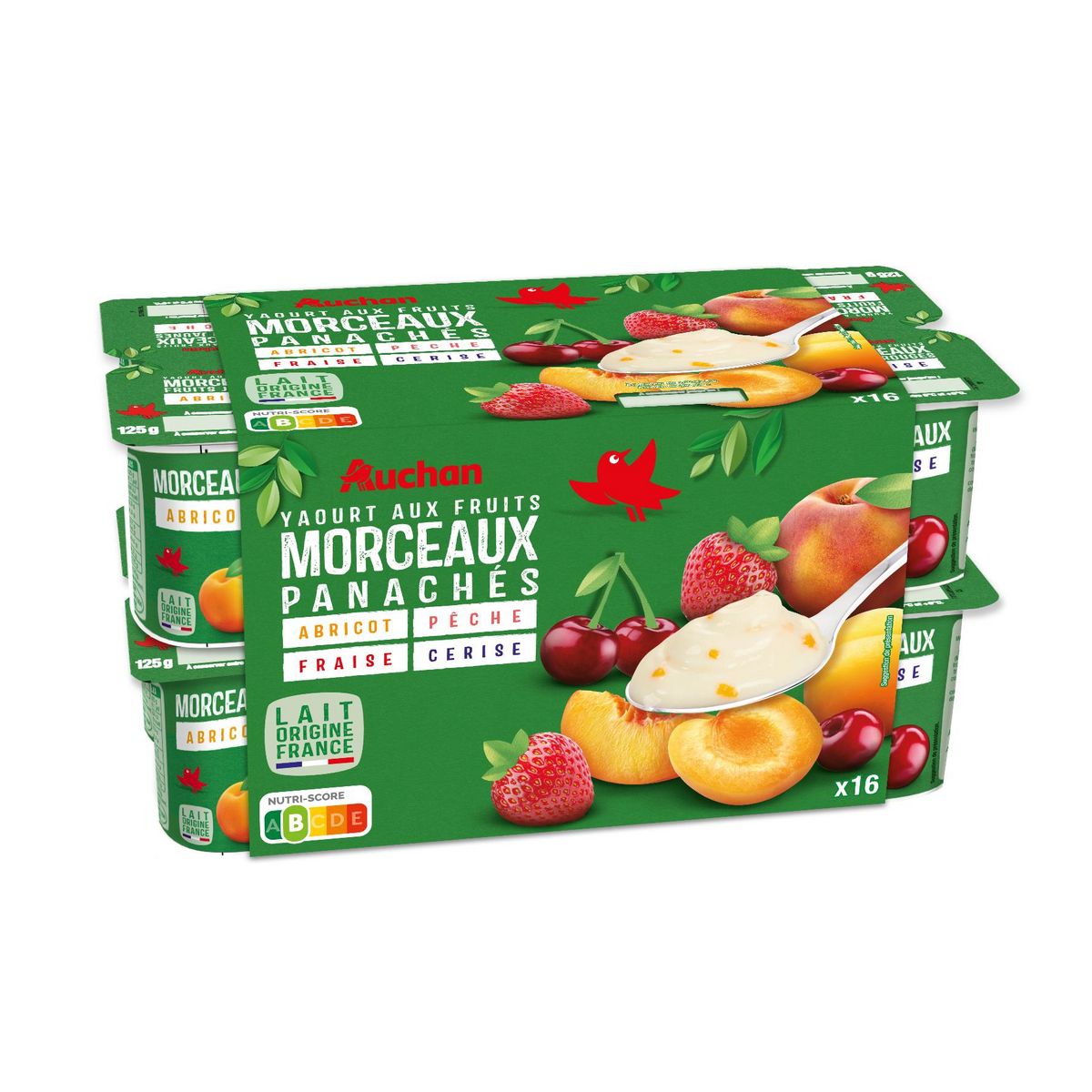 AUCHAN Yaourt aux fruits abricot pêche fraise cerise avec morceaux 16x125g