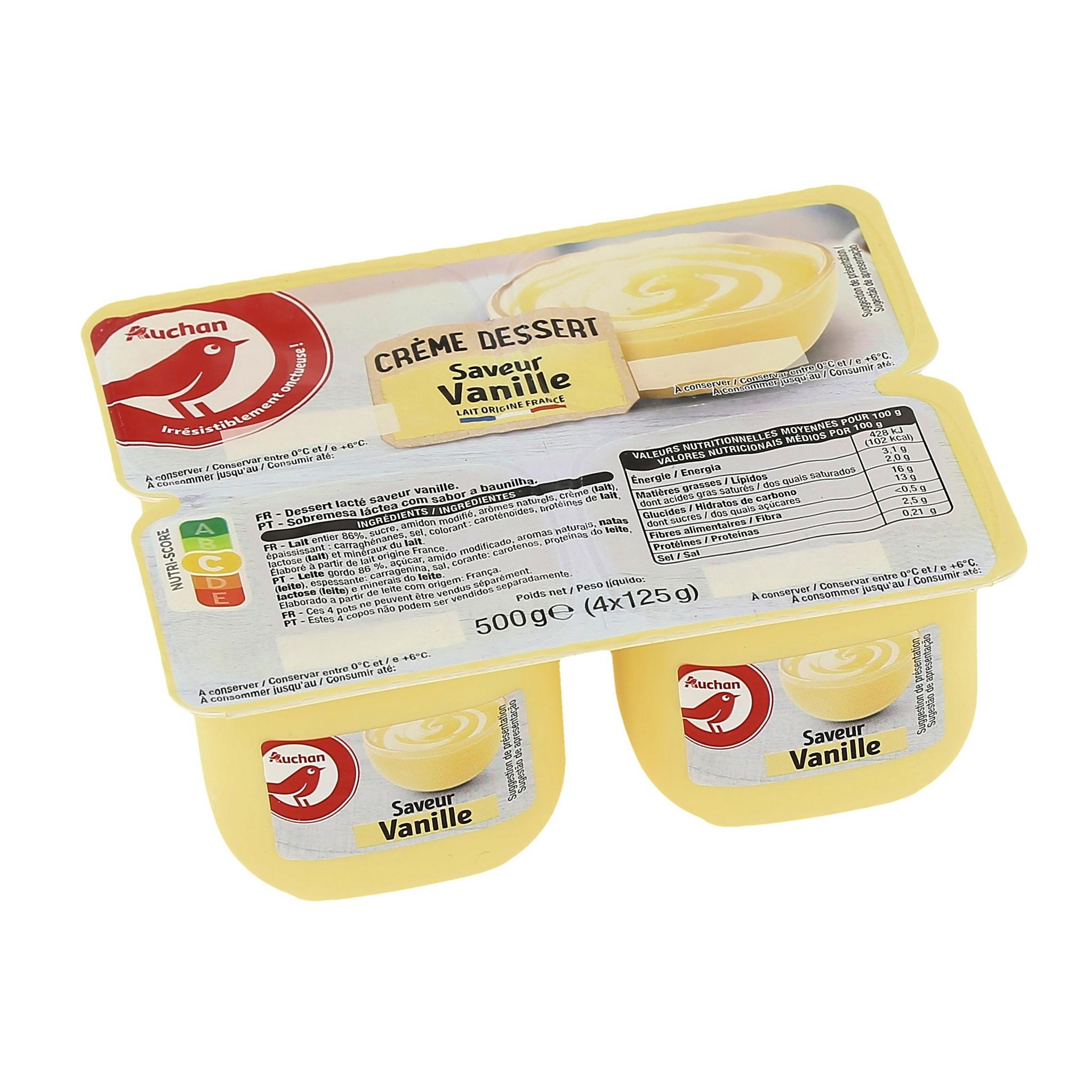 Voir la diapositive 2 : AUCHAN Crème dessert saveur vanille 4x125g