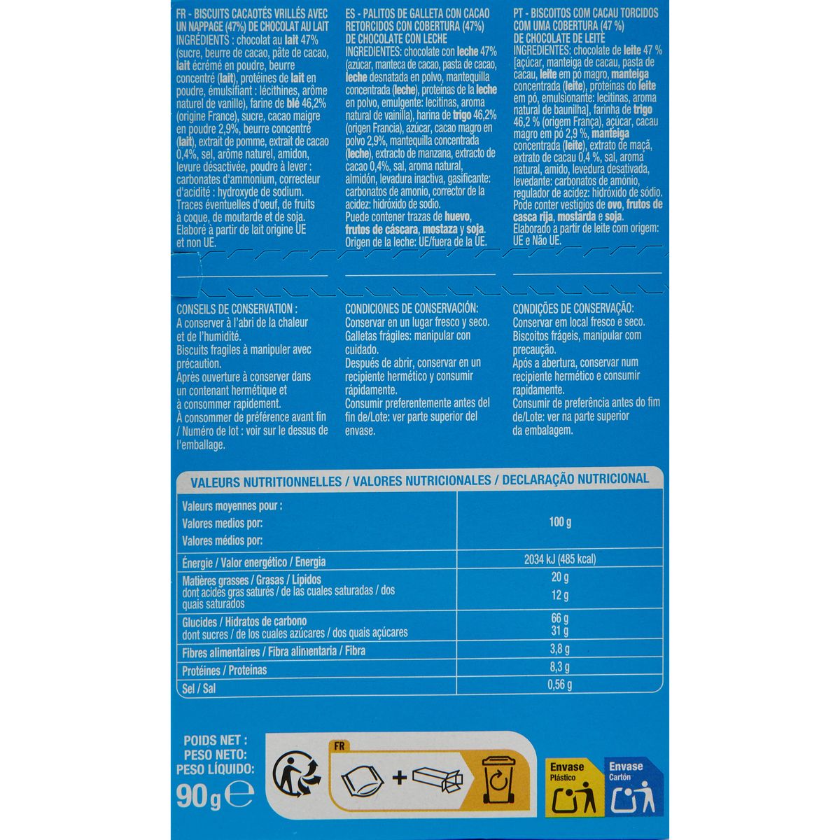 AUCHAN Biscuits nappés au chocolat au lait Choco Twizz 90g