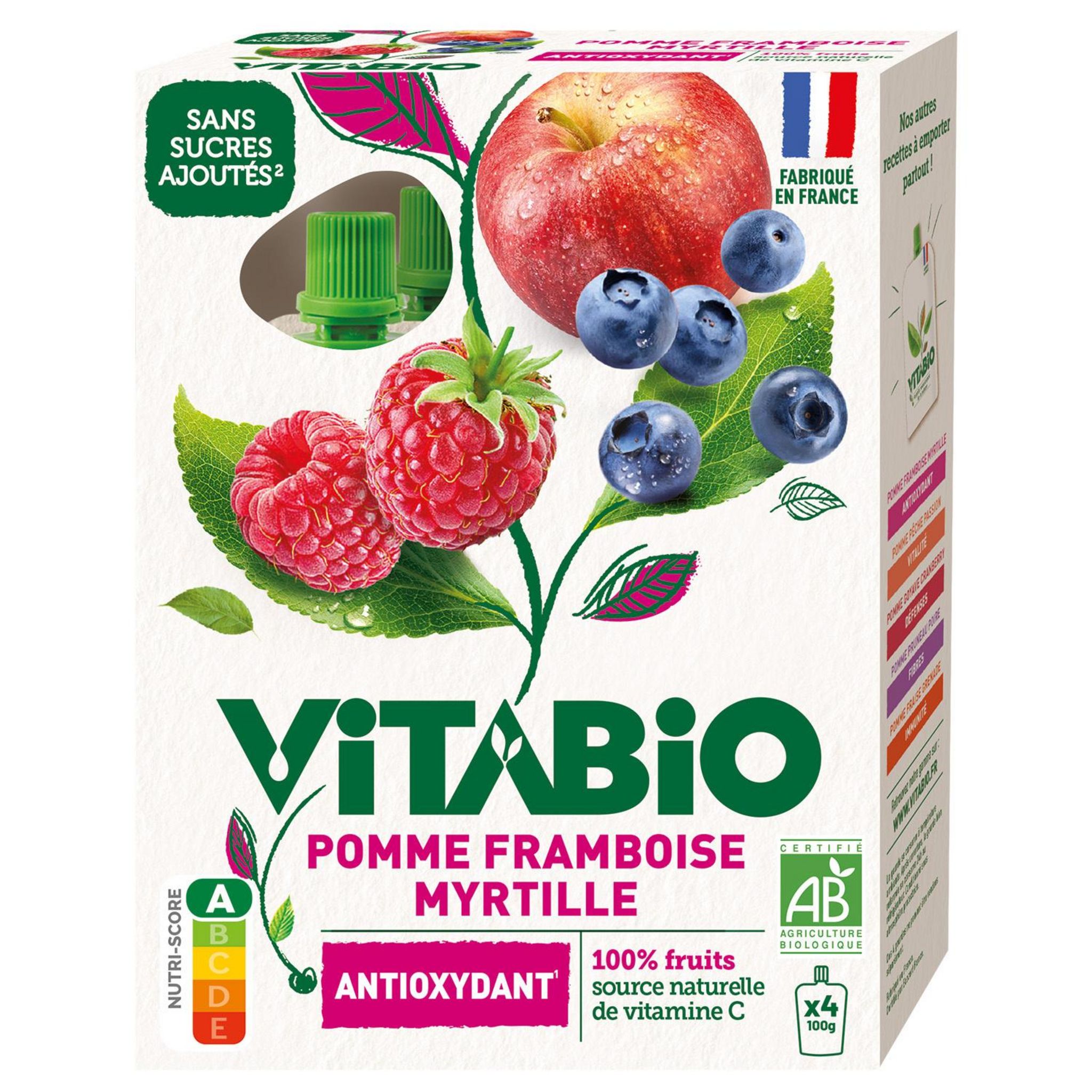 VITABIO Gourdes compotes de pomme framboise myrtille antioxydant bio 4x100g