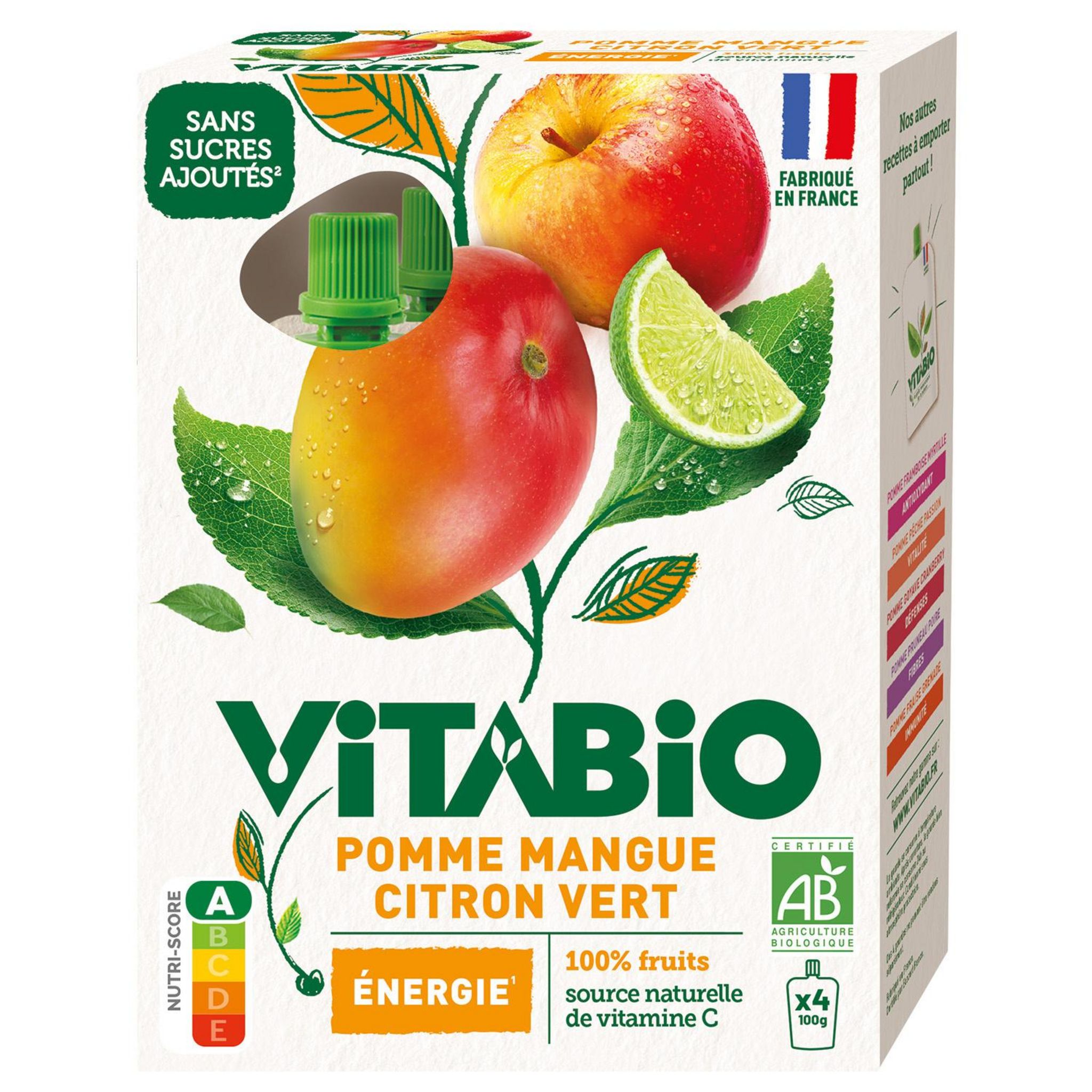 VITABIO Gourdes compote énergie de pomme mangue et citron vert bio 4x100g