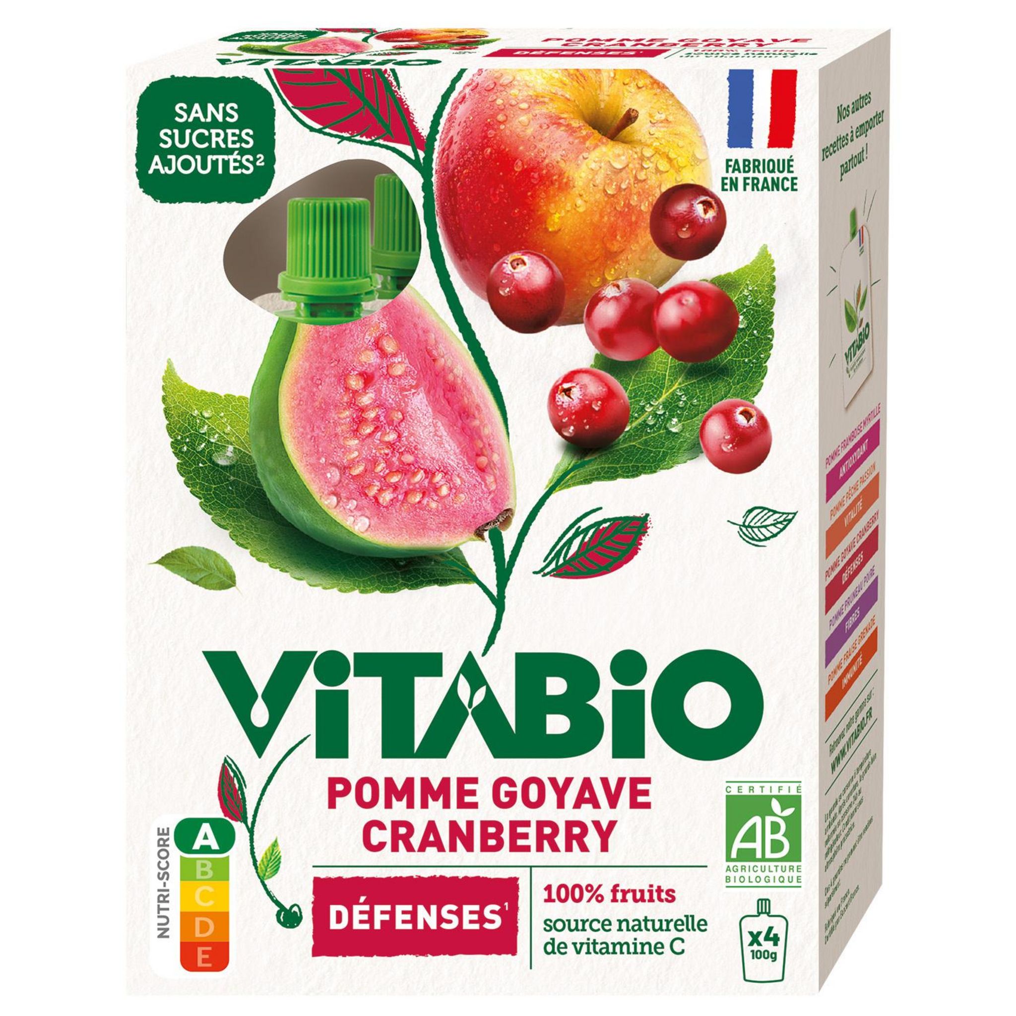VITABIO Gourdes compotes défenses de pomme goyave et cranberry bio 4x100g