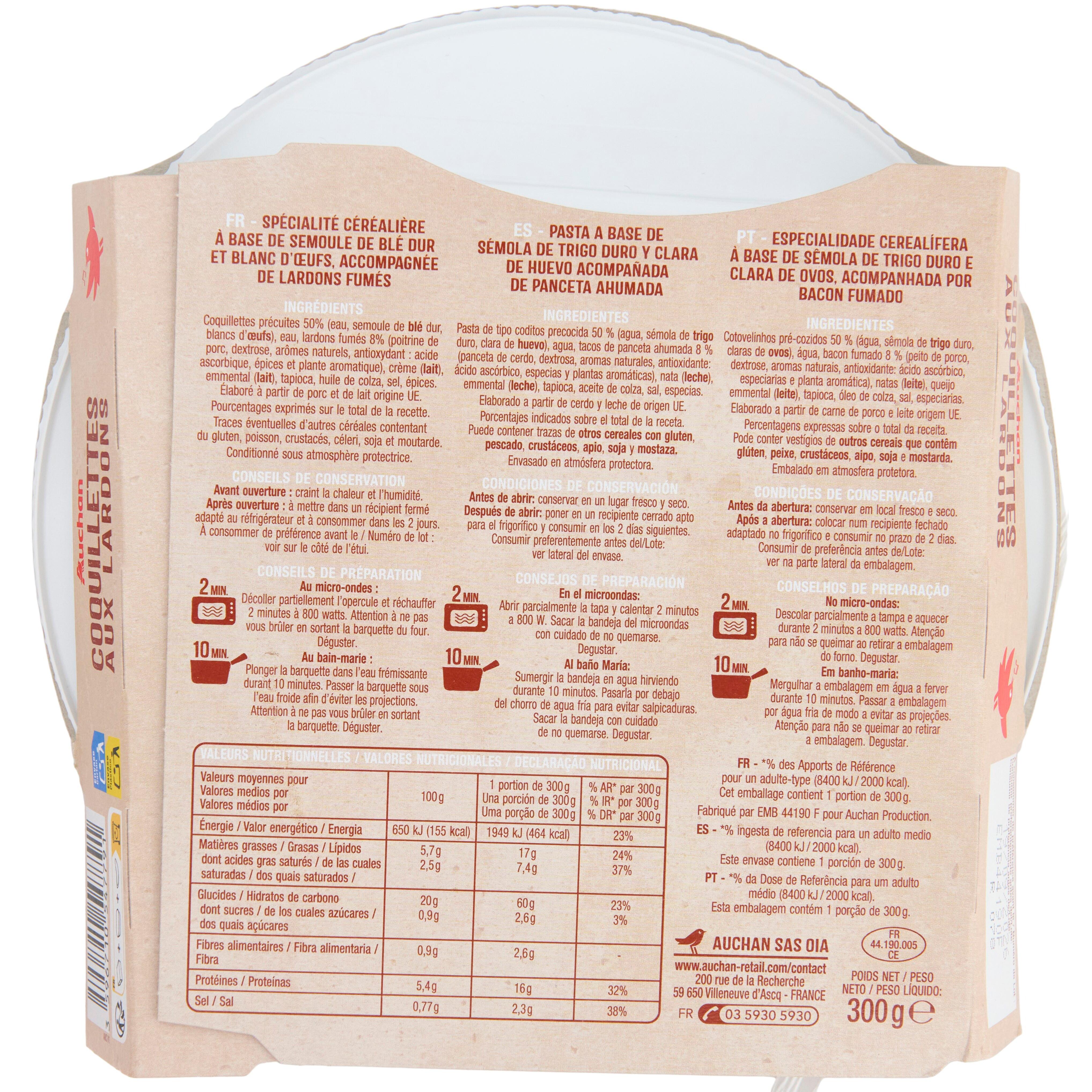 Voir la diapositive 2 : AUCHAN Coquillettes aux lardons 1 portion 300g