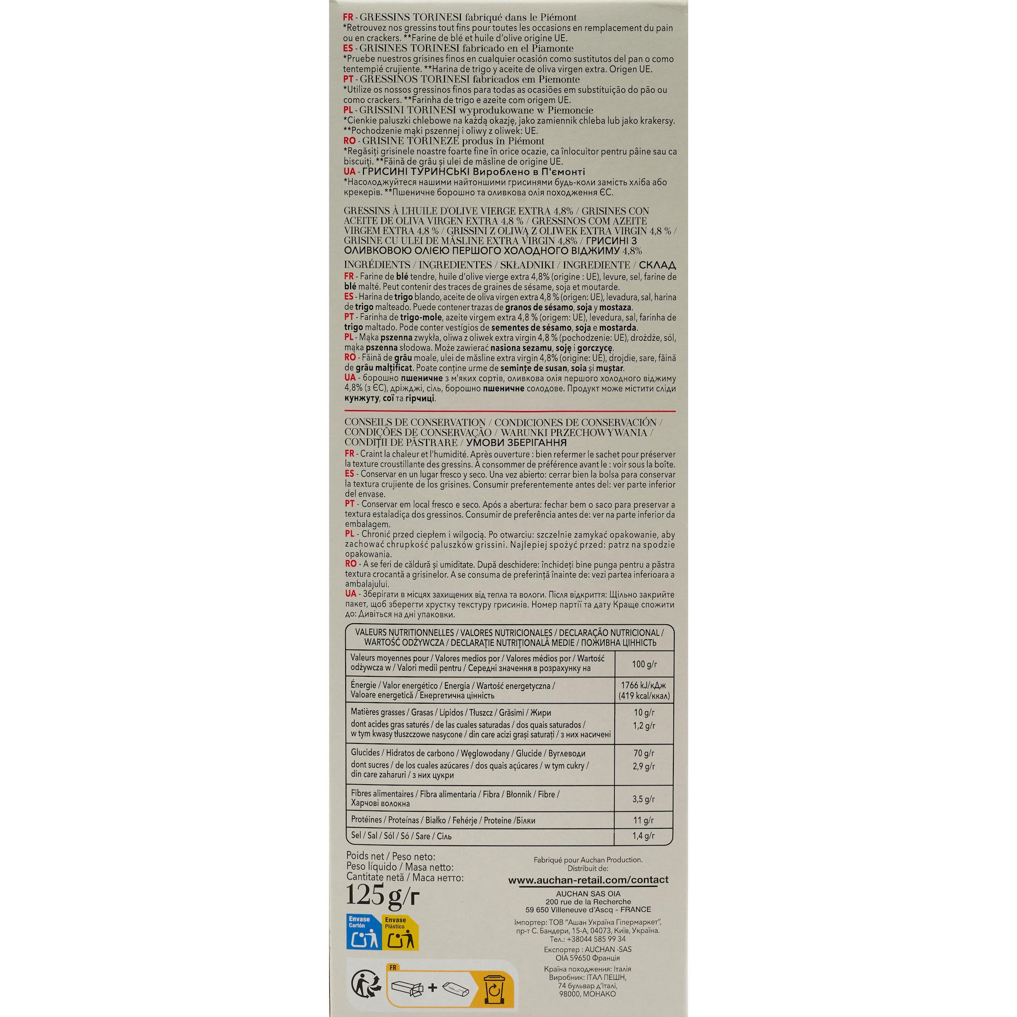 Voir la diapositive 2 : AUCHAN TAVOLA IN ITALIA Grissini Torinesi 125g