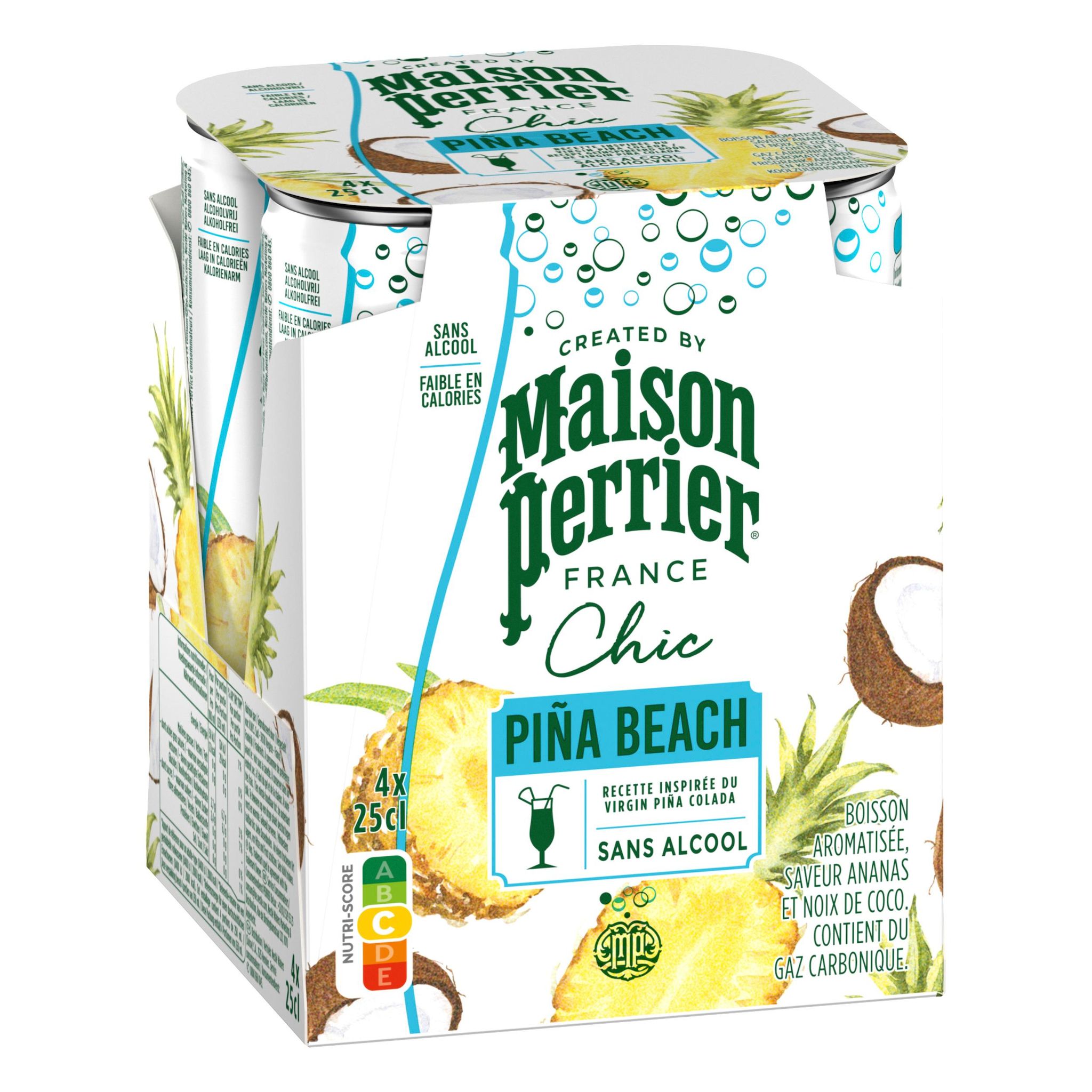 MAISON PERRIER Piña beach Boisson gazeuse et jus d'ananas coco sans alcool boîtes 4x25cl