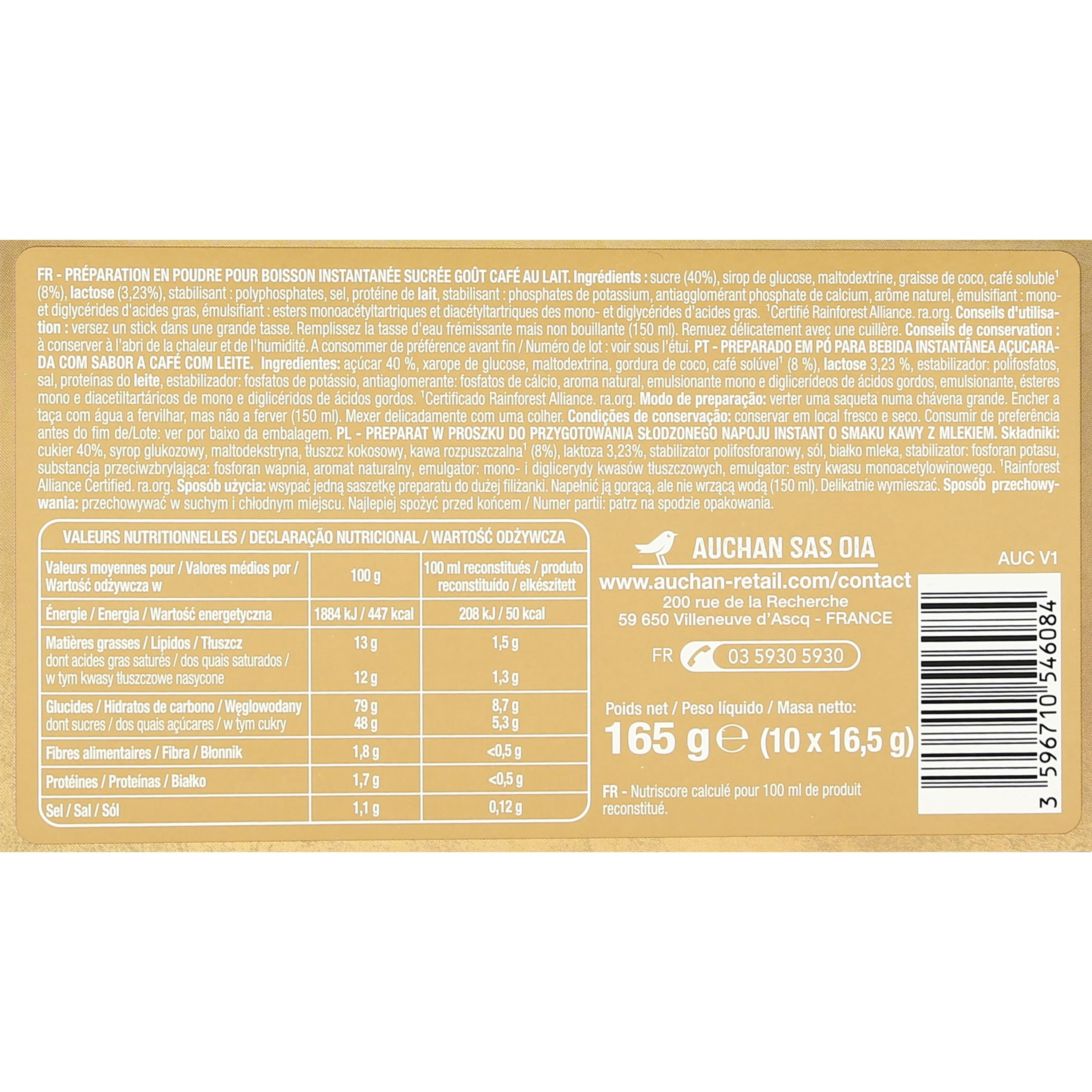 Voir la diapositive 3 : AUCHAN Café 3 en 1 gout café au lait sucré 10 dosettes 165g