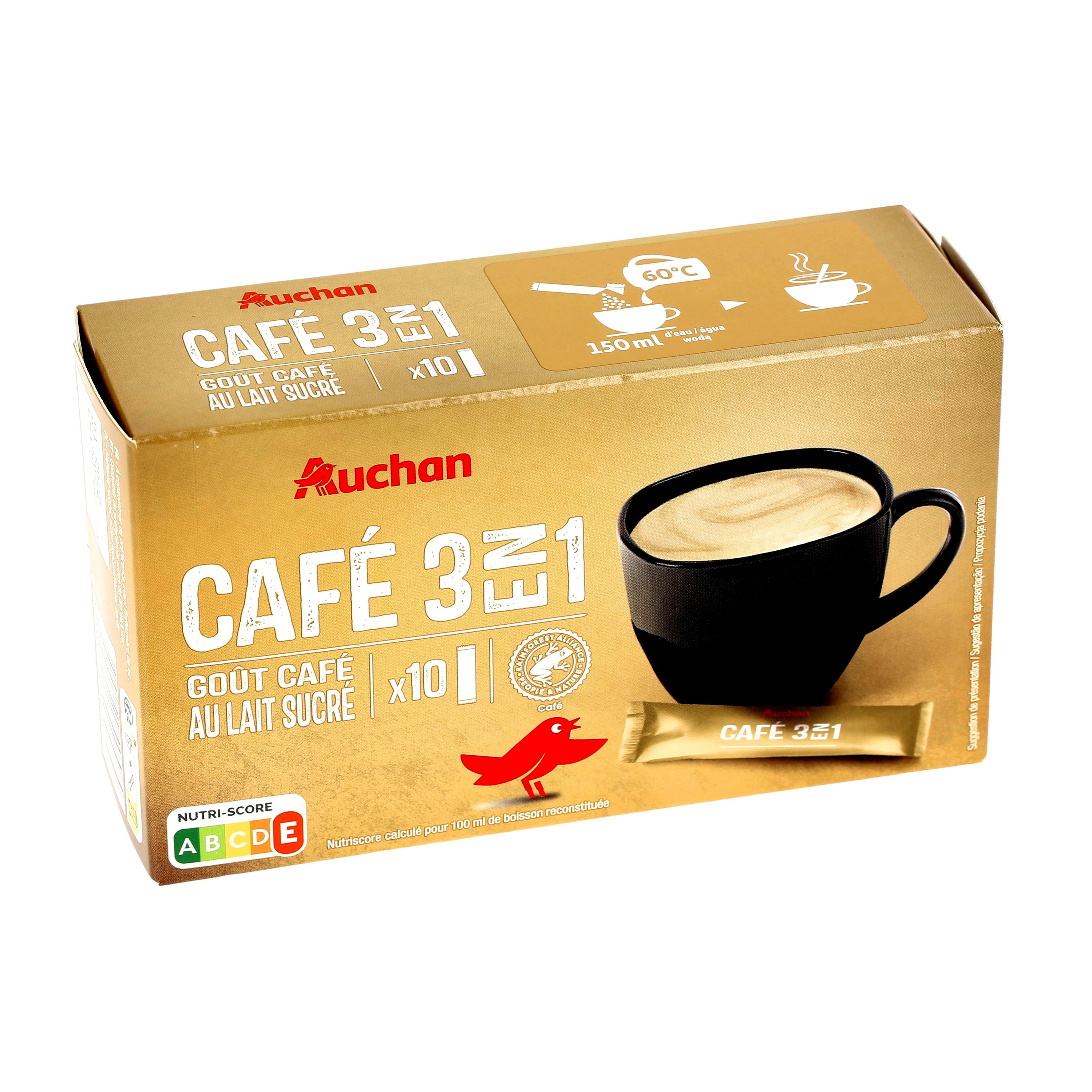 Voir la diapositive 4 : AUCHAN Café 3 en 1 gout café au lait sucré 10 dosettes 165g