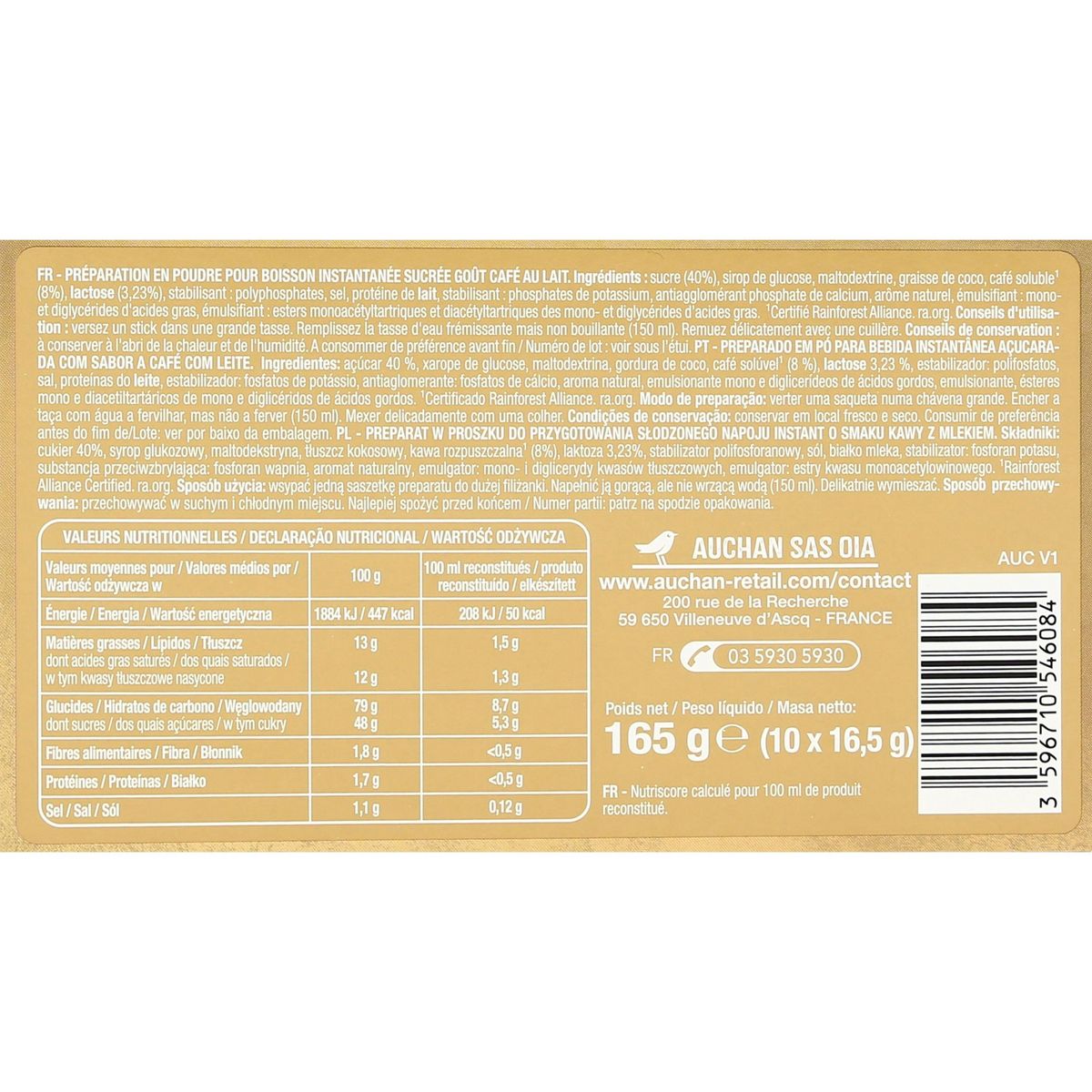 AUCHAN Café 3 en 1 gout café au lait sucré 10 dosettes 165g