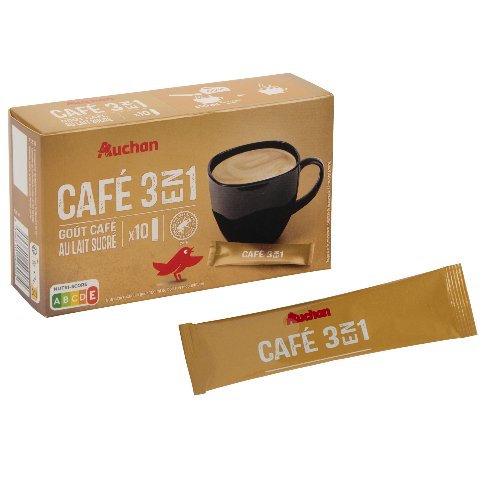 Voir la diapositive 4 : AUCHAN Café 3 en 1 gout café au lait sucré 10 dosettes 165g