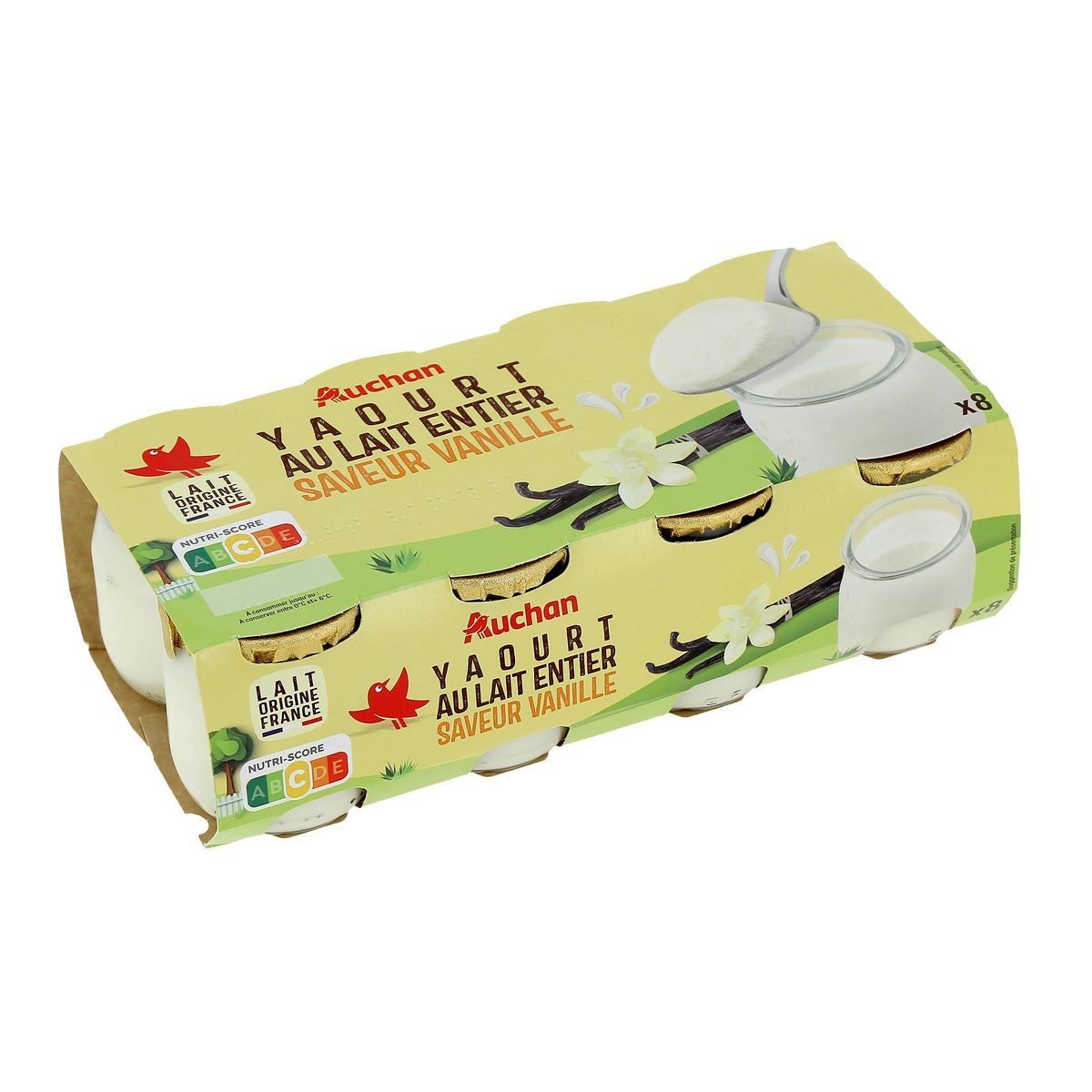 AUCHAN Yaourt au lait entier saveur vanille 8x125g