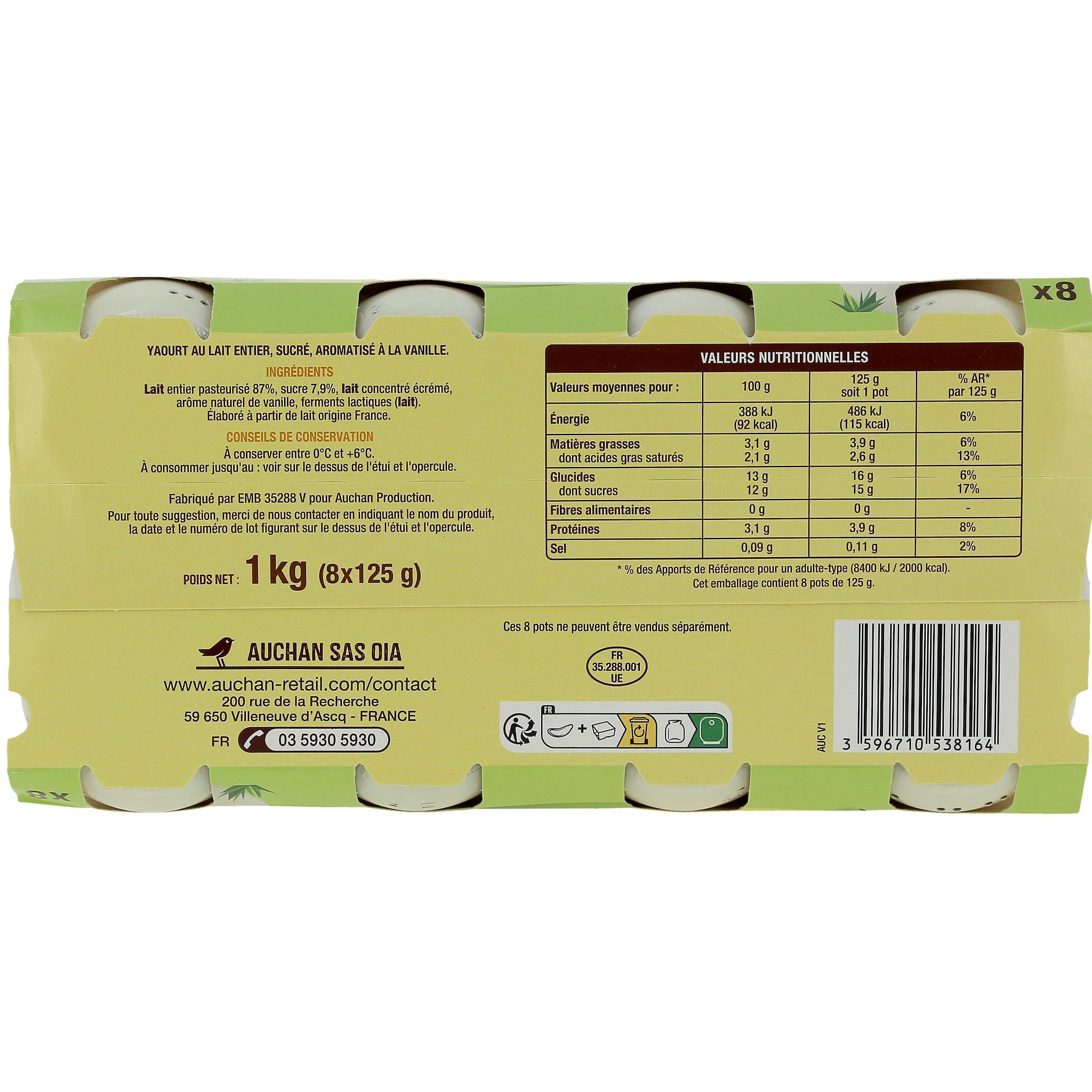 Voir la diapositive 3 : AUCHAN Yaourt au lait entier saveur vanille 8x125g