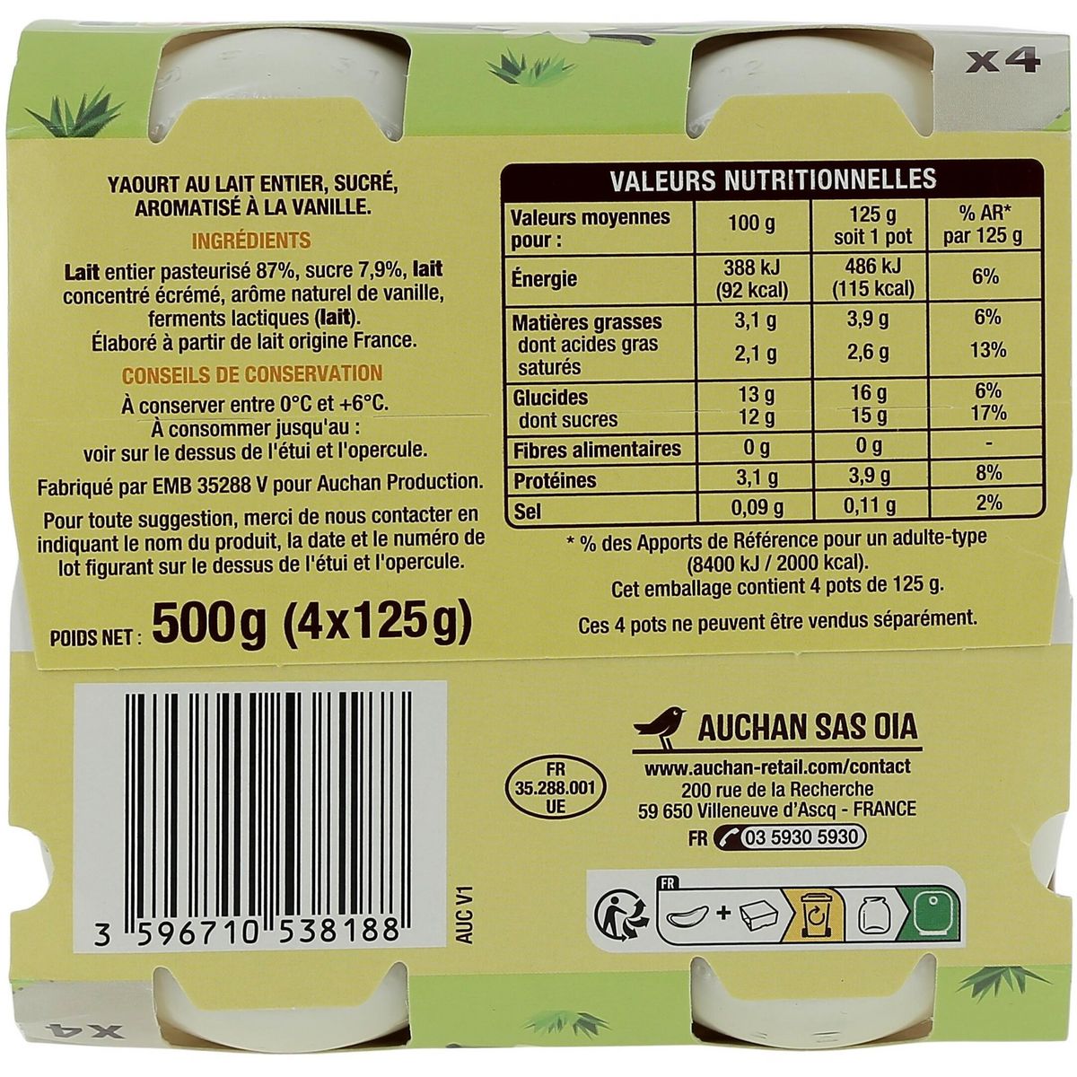 AUCHAN Yaourt au lait entier saveur vanille 4x125g
