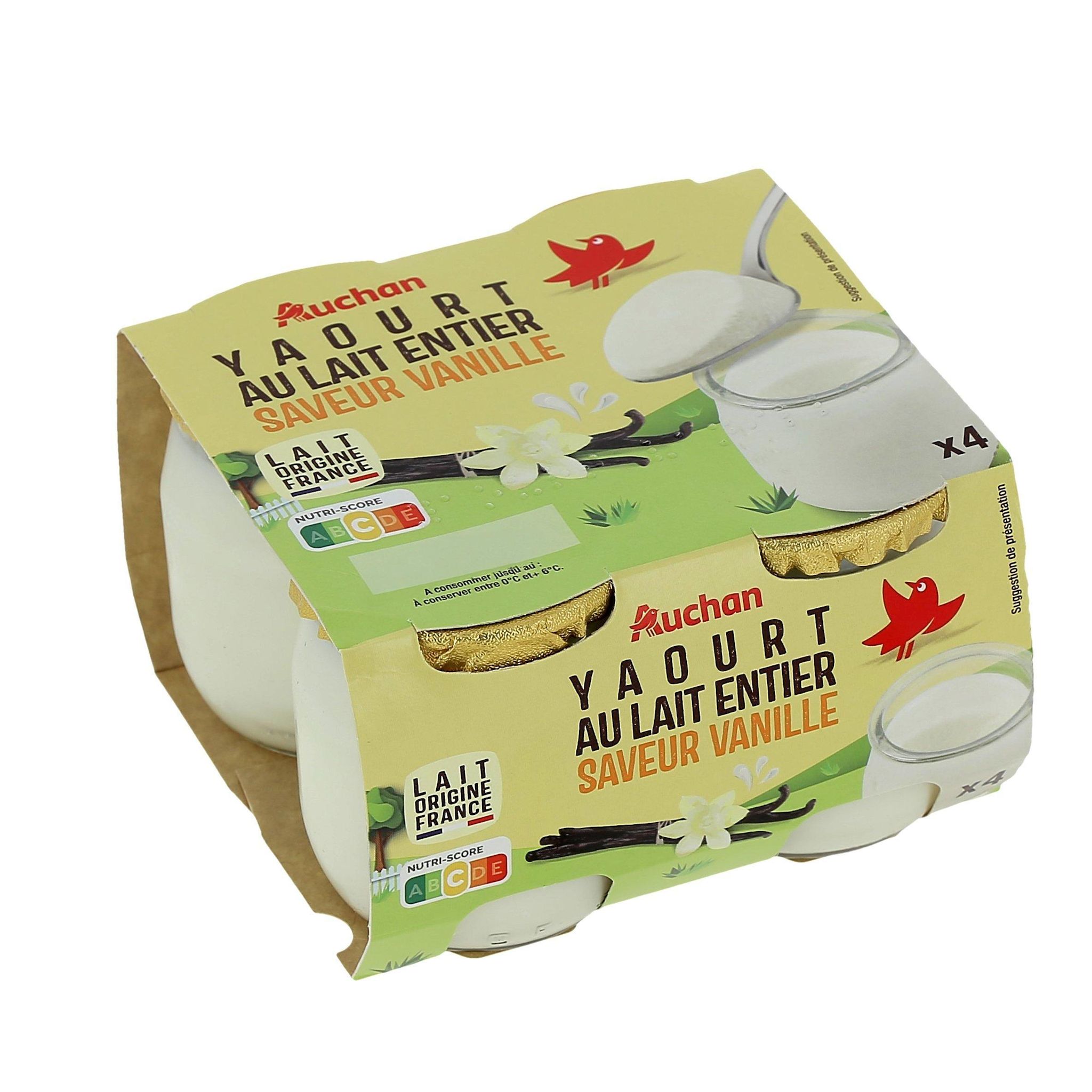Voir la diapositive 3 : AUCHAN Yaourt au lait entier saveur vanille 4x125g