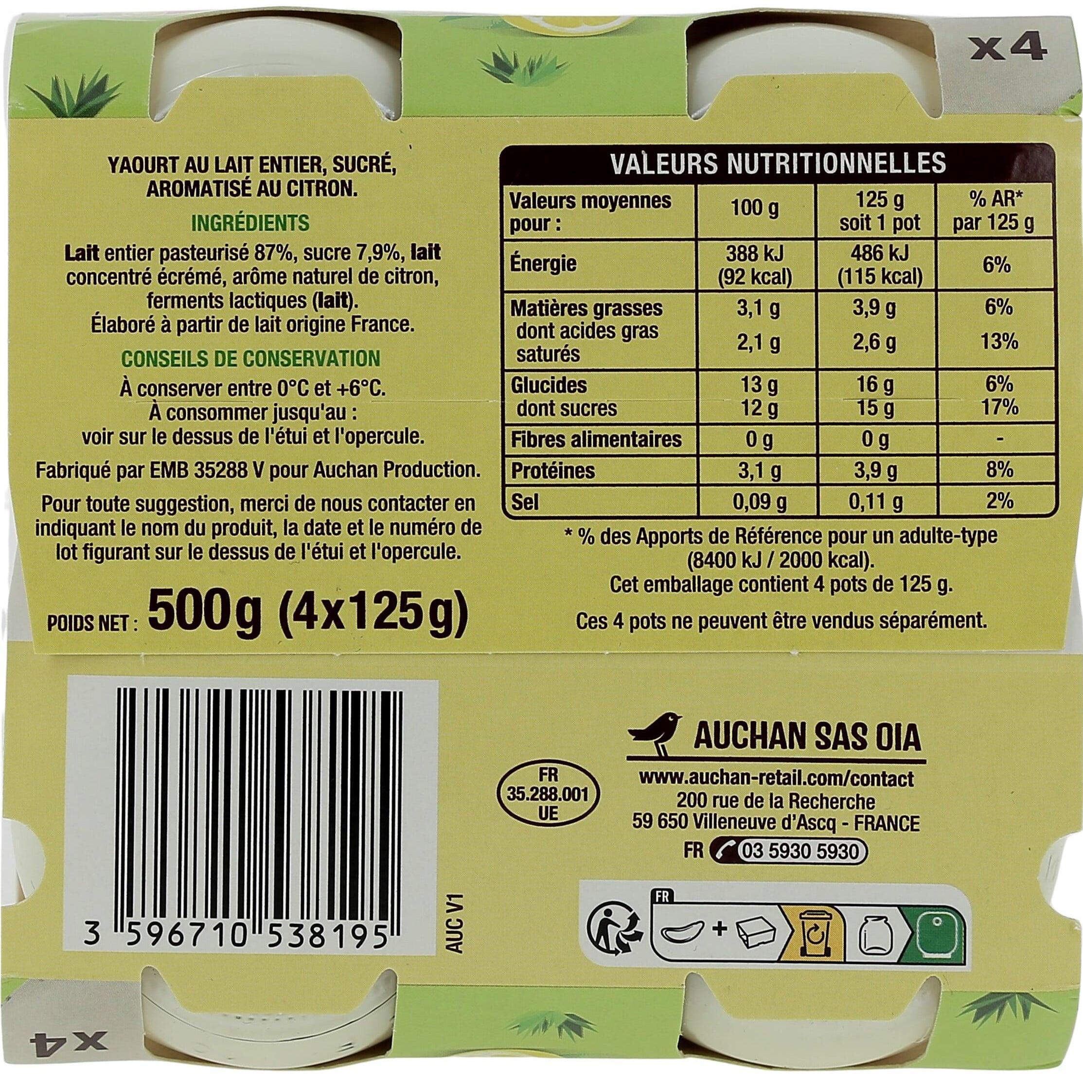 Voir la diapositive 2 : AUCHAN Yaourt au lait entier saveur citron 4x125g