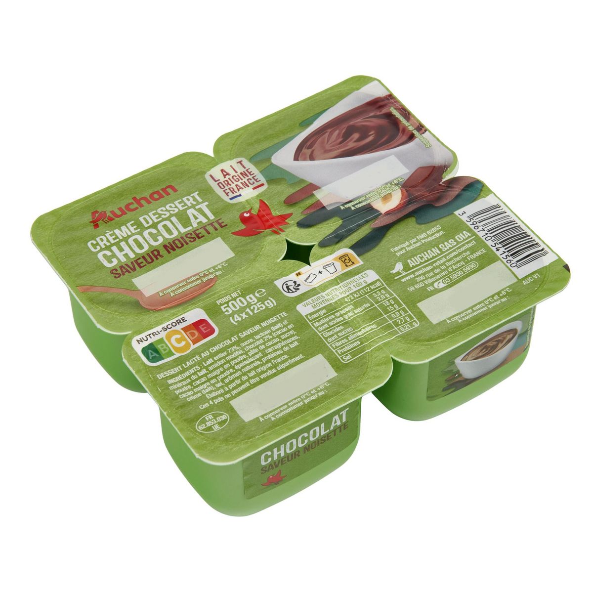 AUCHAN Crème dessert au chocolat saveur noisette 4x125g