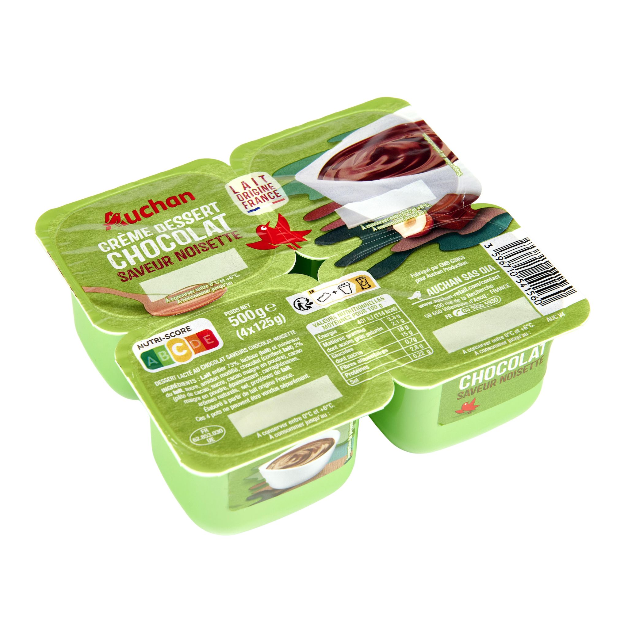 Voir la diapositive 2 : AUCHAN Crème dessert au chocolat saveur noisette 4x125g