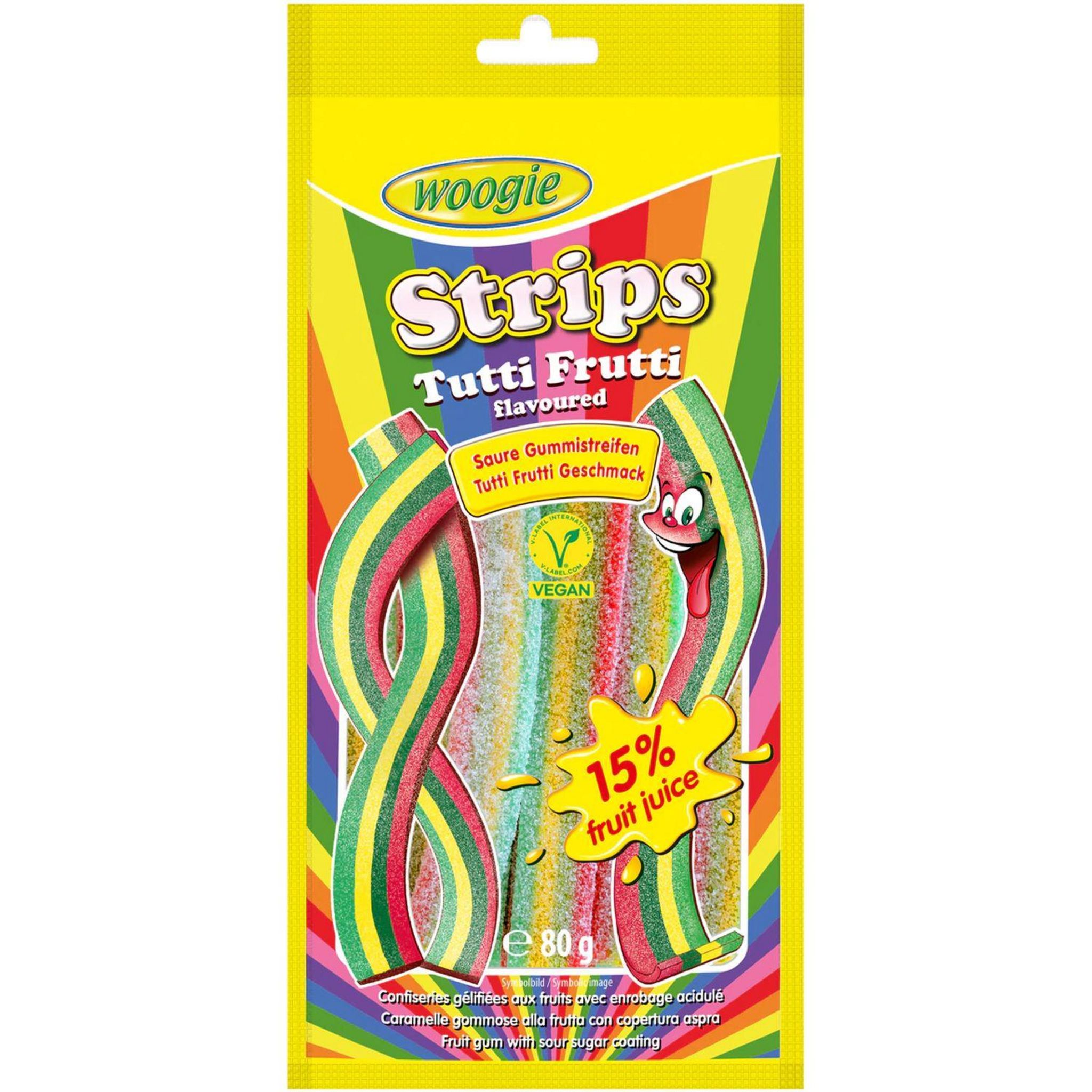 WOOGIE Strips Tutti Frutti confiseries gélifiées aux fruits avec enrobage acidulé 80g