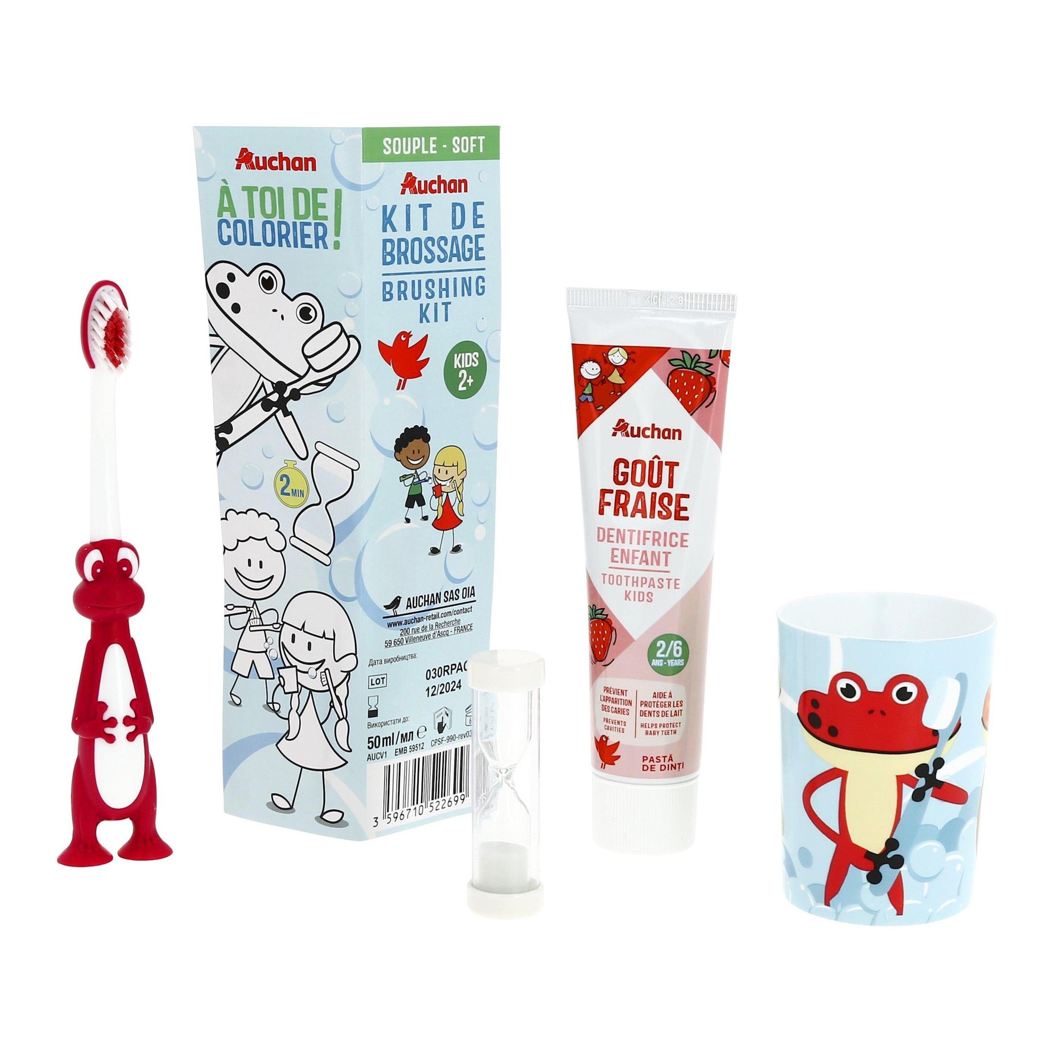 AUCHAN Kit de brossage enfant 2+ 1 brosse à dent 1 sablier 1 dentifrice 1 gobelet 1 kit