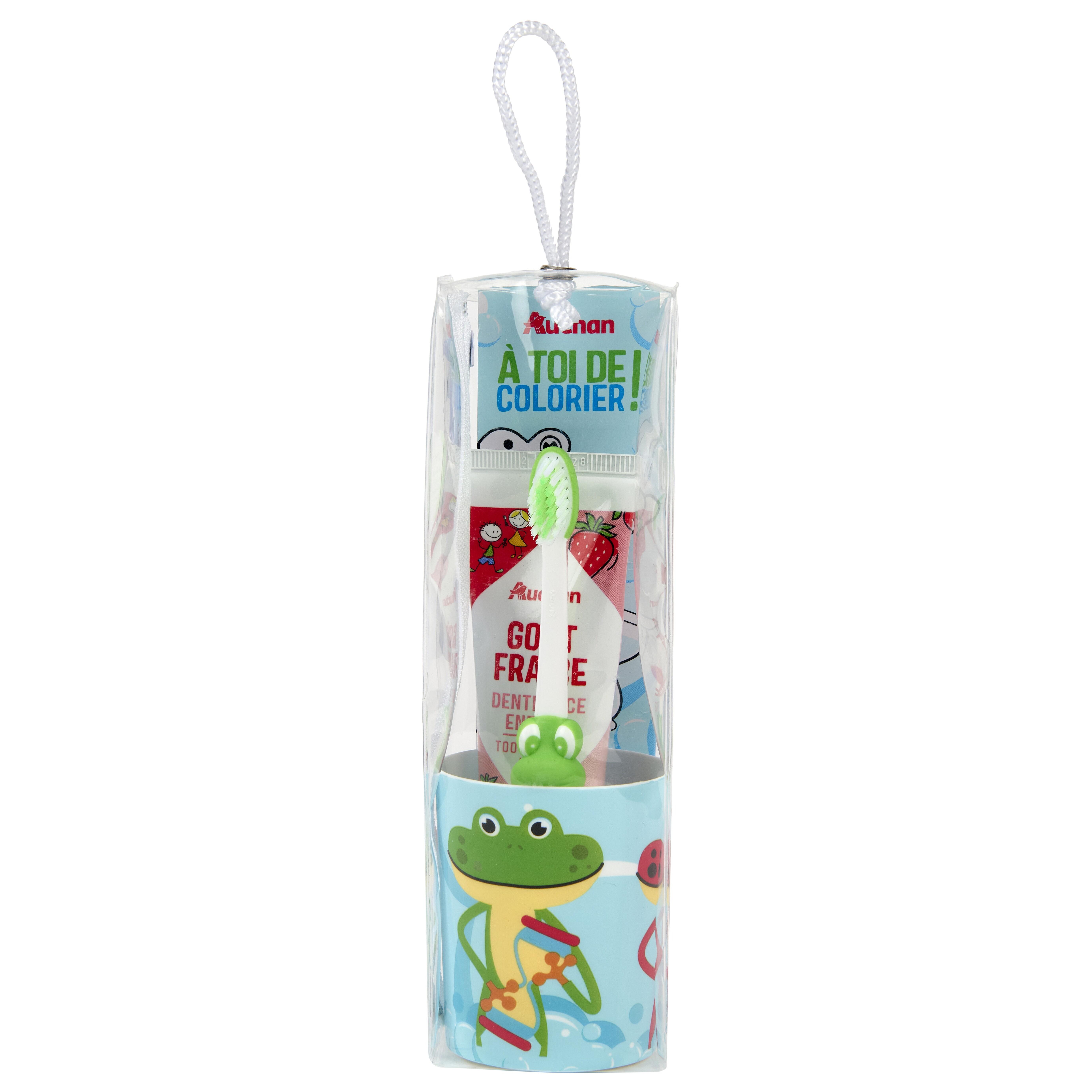 Voir la diapositive 2 : AUCHAN Kit de brossage enfant 2+ 1 brosse à dent 1 sablier 1 dentifrice 1 gobelet 1 kit