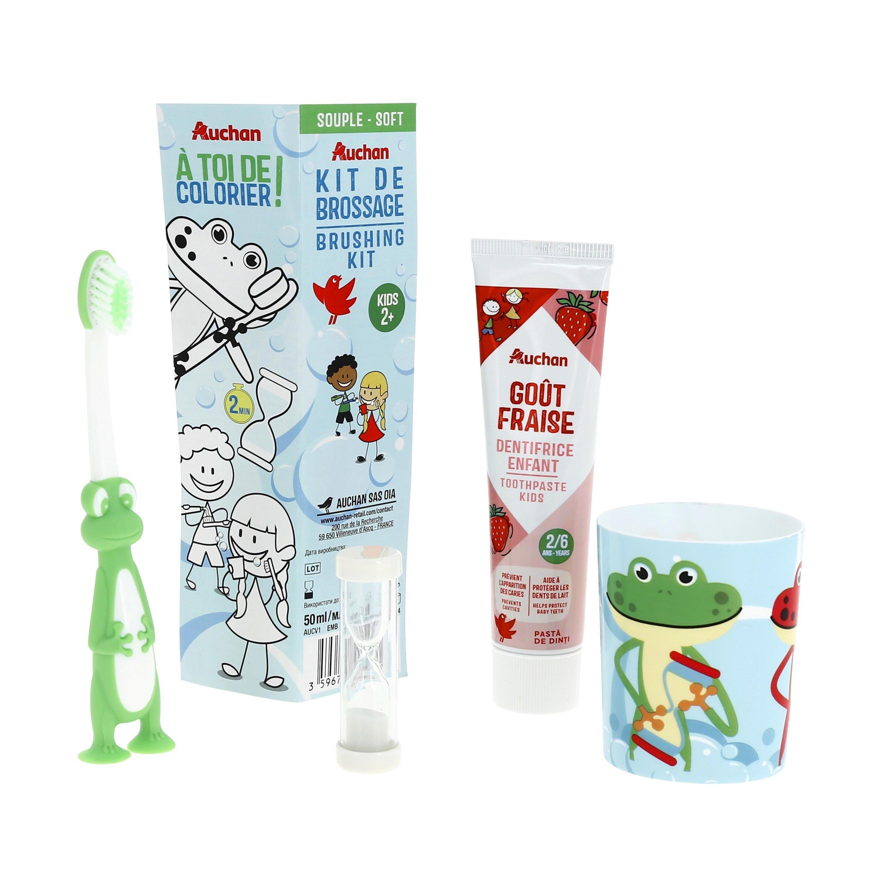 Voir la diapositive 3 : AUCHAN Kit de brossage enfant 2+ 1 brosse à dent 1 sablier 1 dentifrice 1 gobelet 1 kit