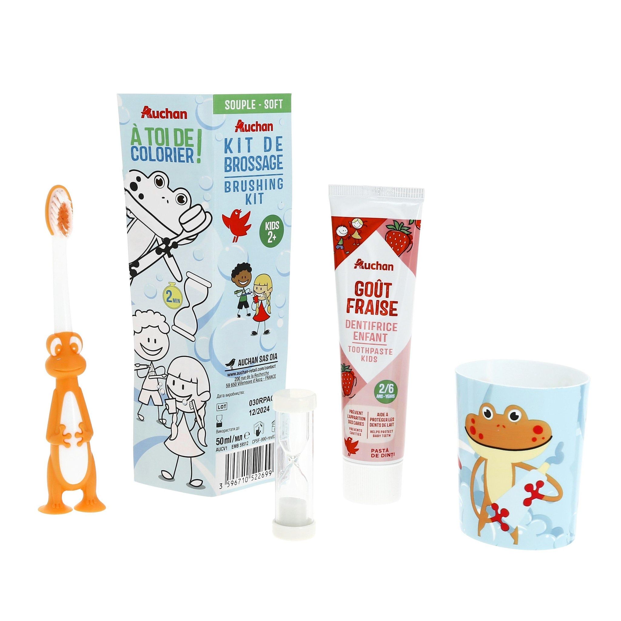 Voir la diapositive 5 : AUCHAN Kit de brossage enfant 2+ 1 brosse à dent 1 sablier 1 dentifrice 1 gobelet 1 kit